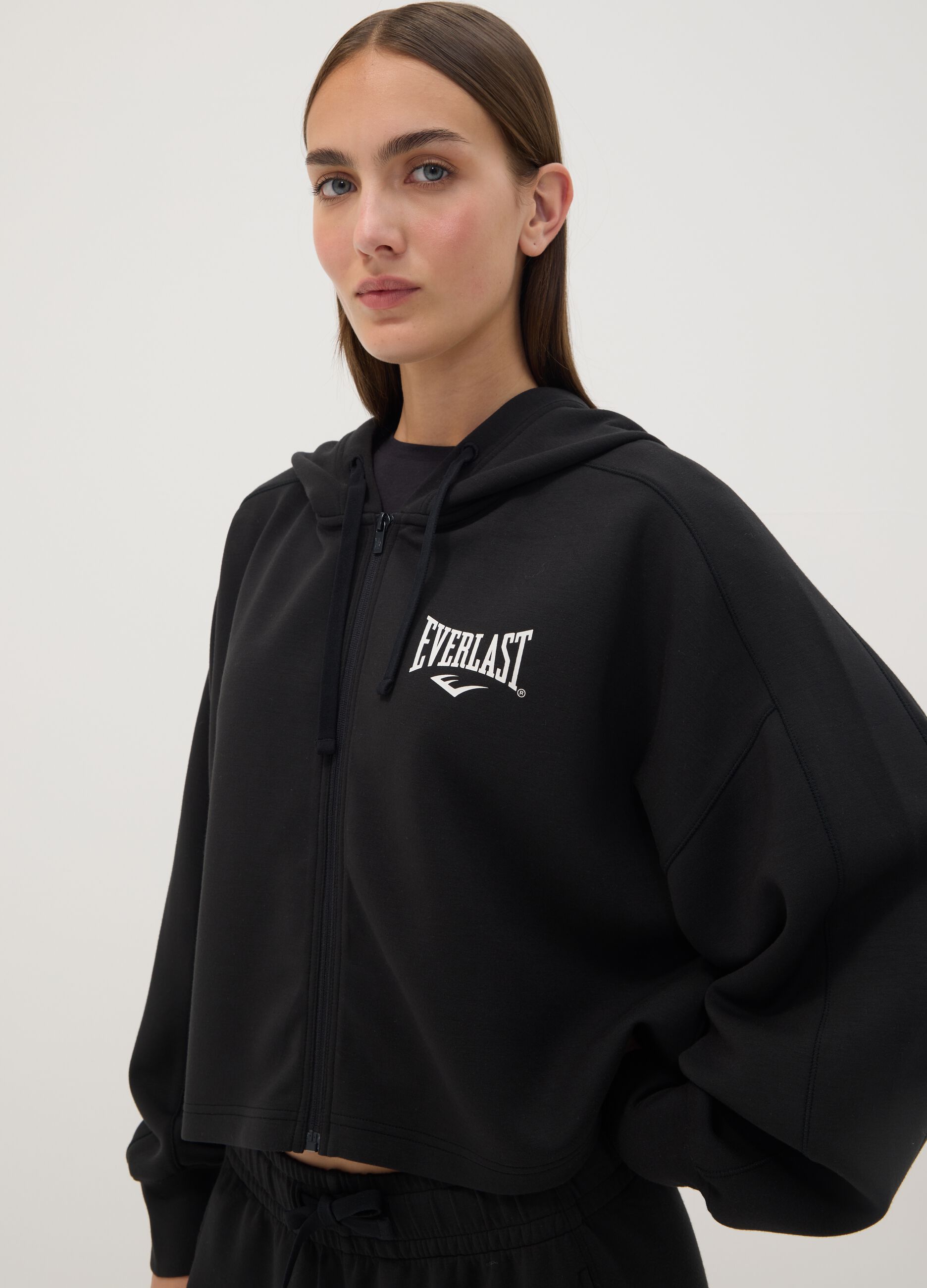 Black hooded sweatshirt in stretch viscose jersey, regular fit