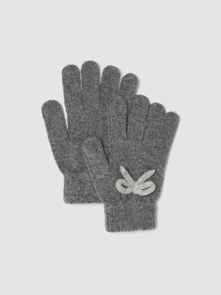 Grey wool-blend gloves with knitted bow detail_0