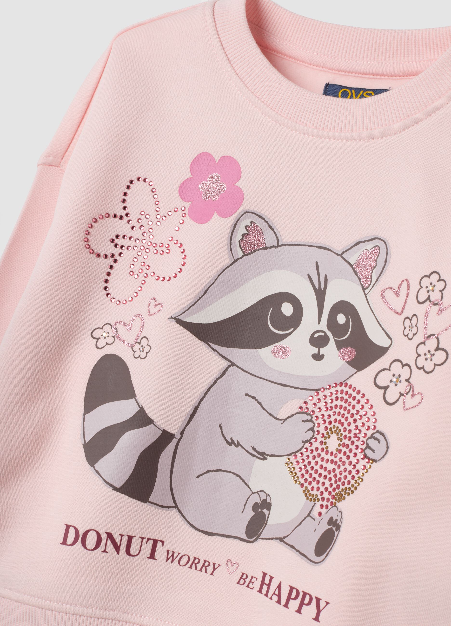 Pink cotton-blend jogging set with crew-neck sweatshirt and animal print
