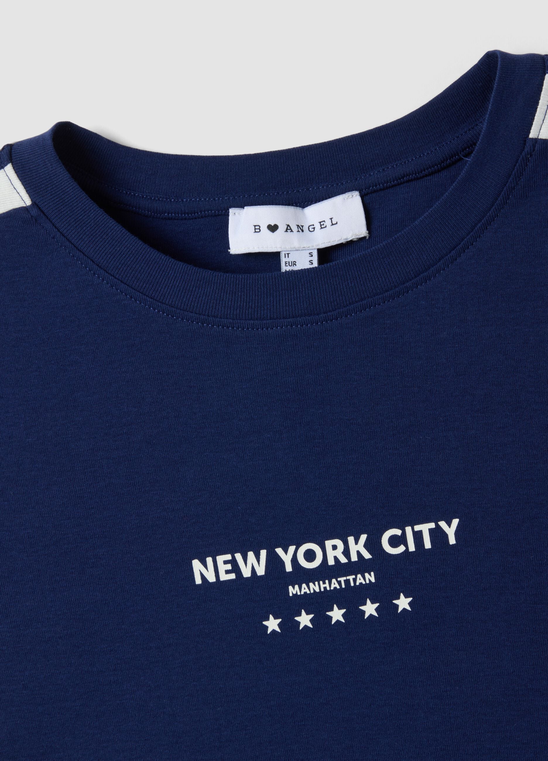 T-shirt azul em algod&atilde;o puro com decote redondo e estampado New York City