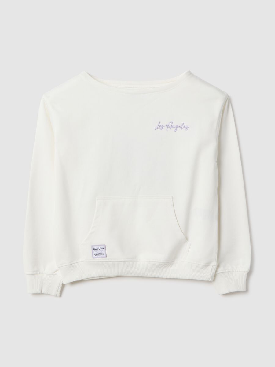 White pure cotton oversized fit girls' sweatshirt with boat neckline_3