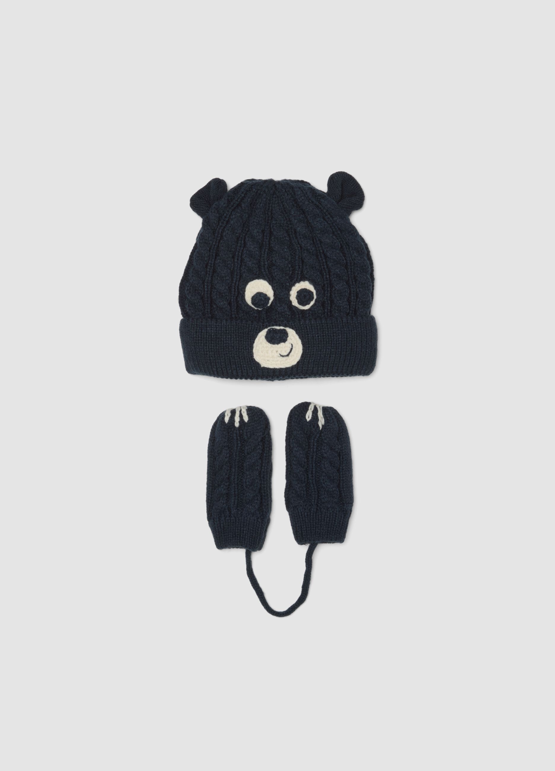 Blue jacquard knit hat and mittens set