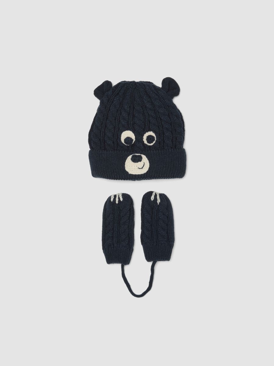 Blue jacquard knit hat and mittens set_0