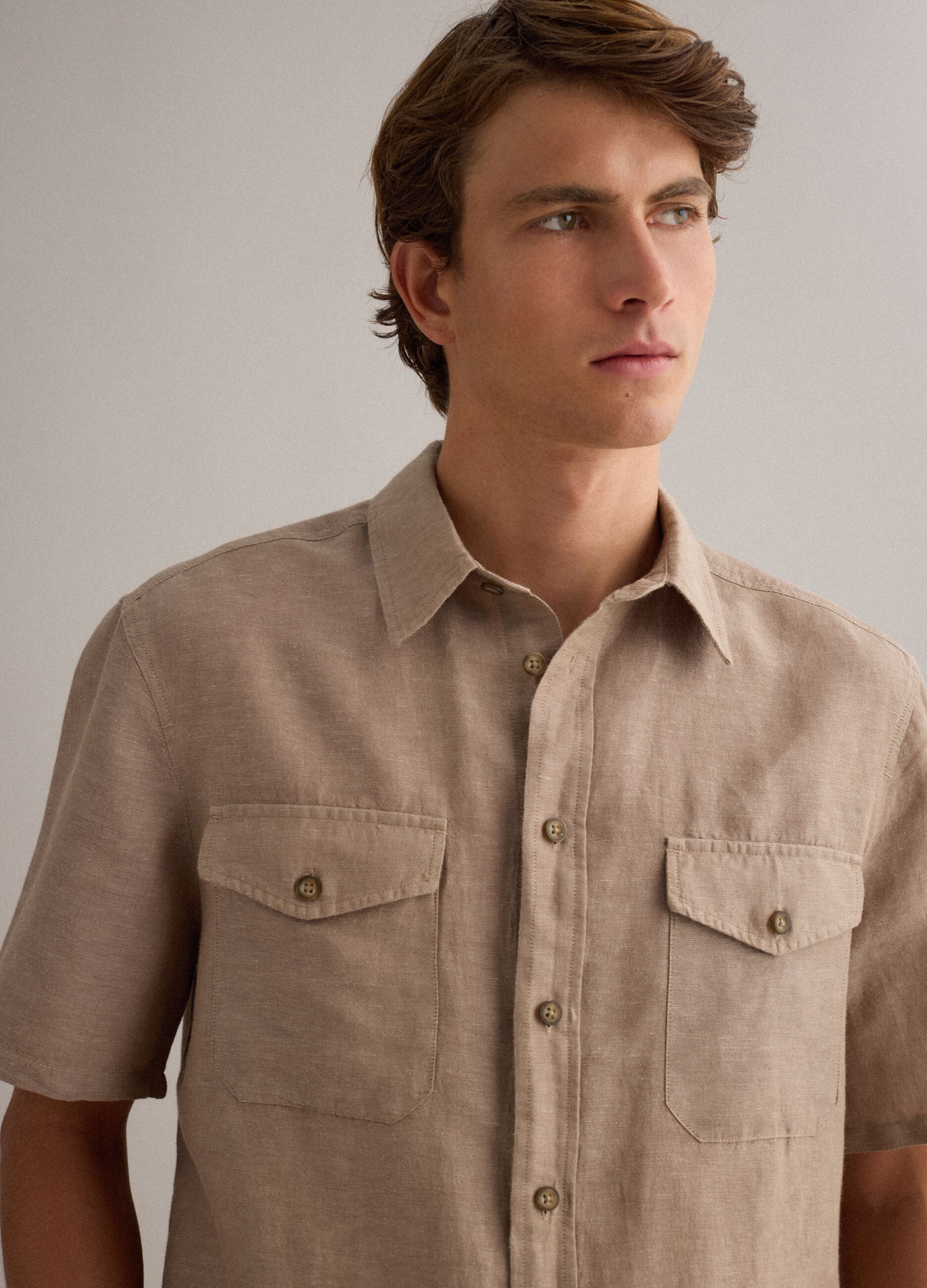 Beige Linen-Cotton Blend Regular Fit Shirt