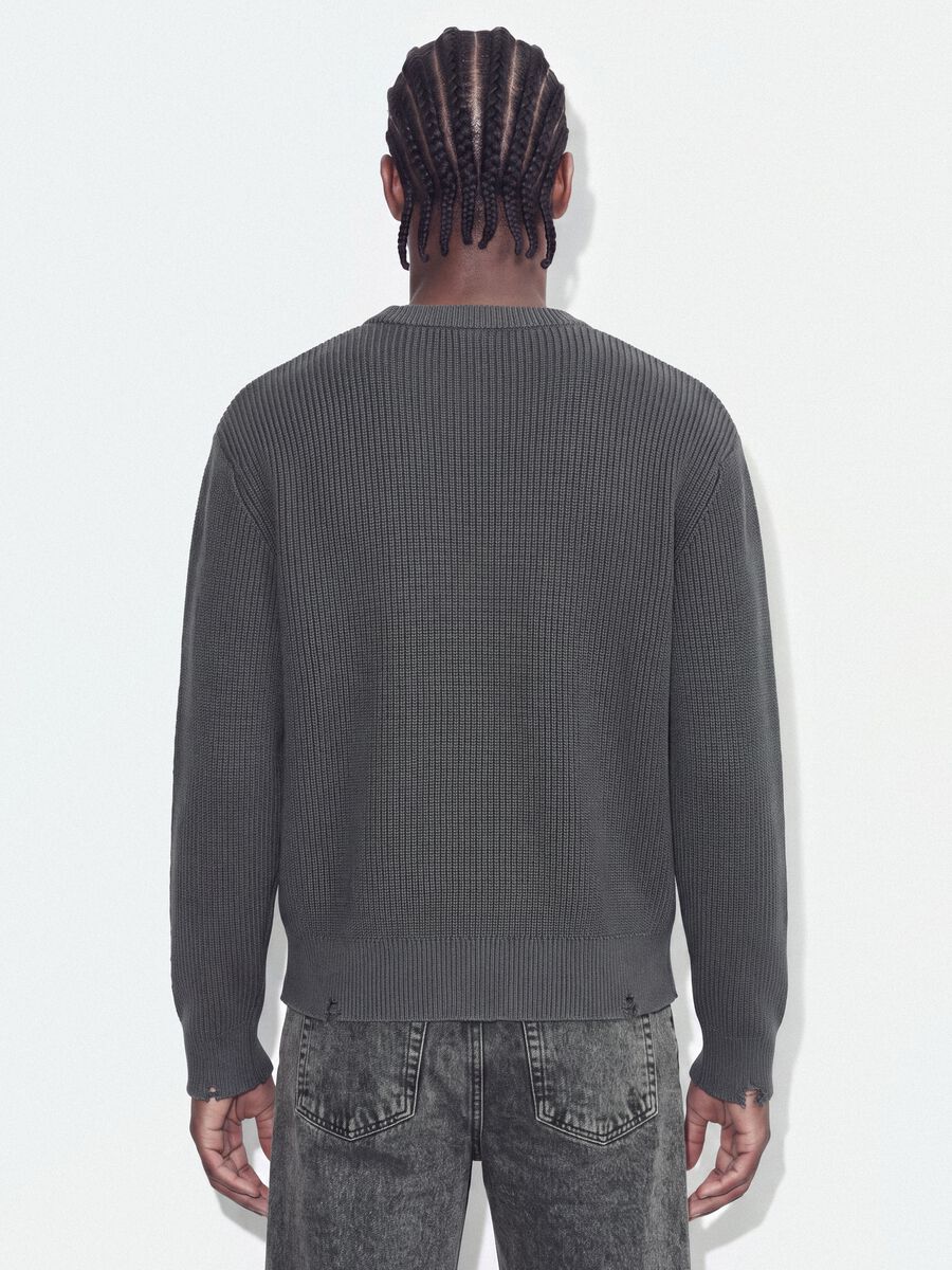 Grey pure cotton ribbed crew-neck jumper, regular fit_2