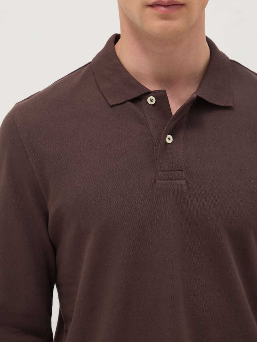 Brown long sleeve polo in pure cotton regular fit_3