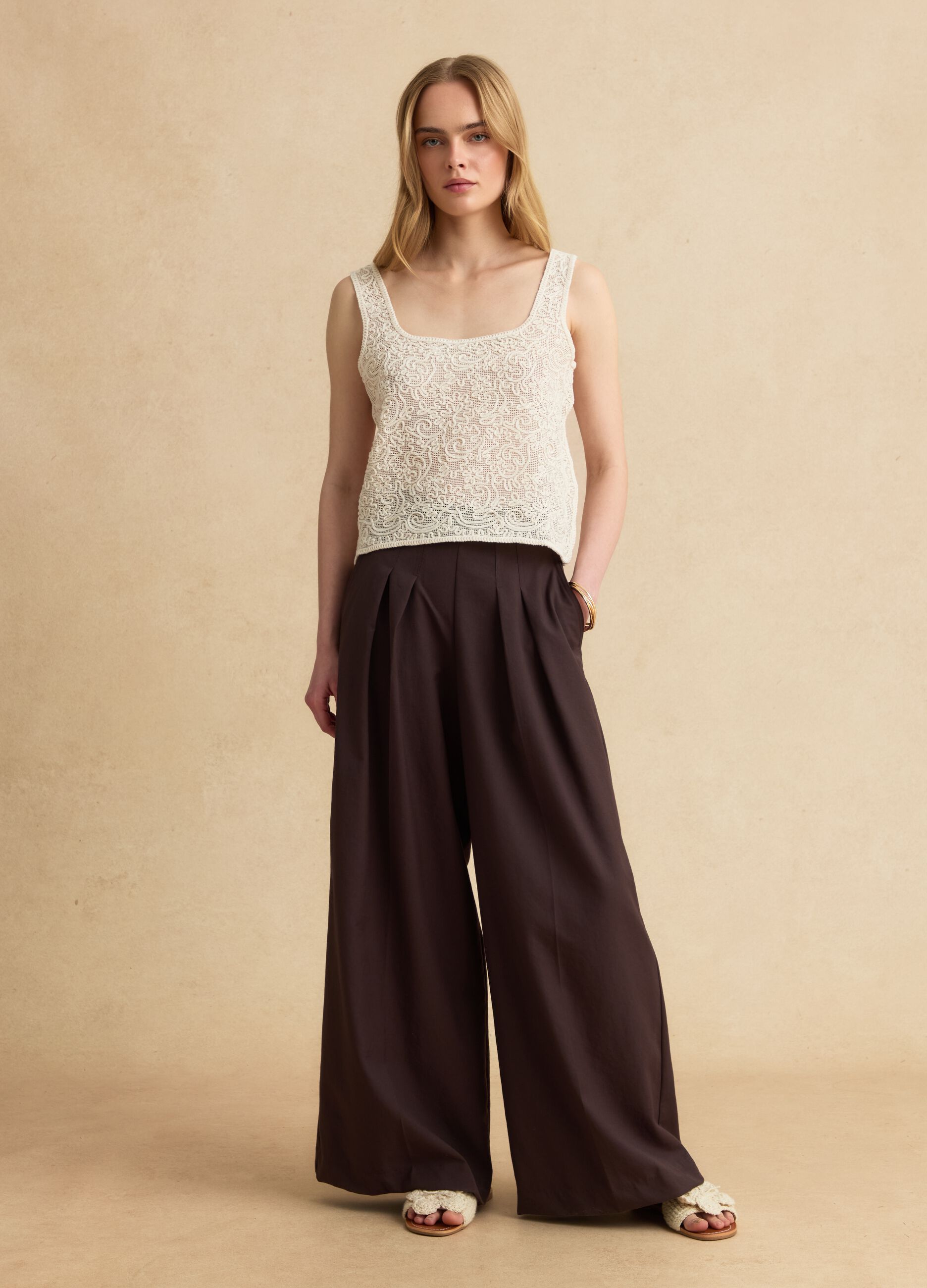 Beige cotton-blend regular-fit tank top with embroidery and mesh