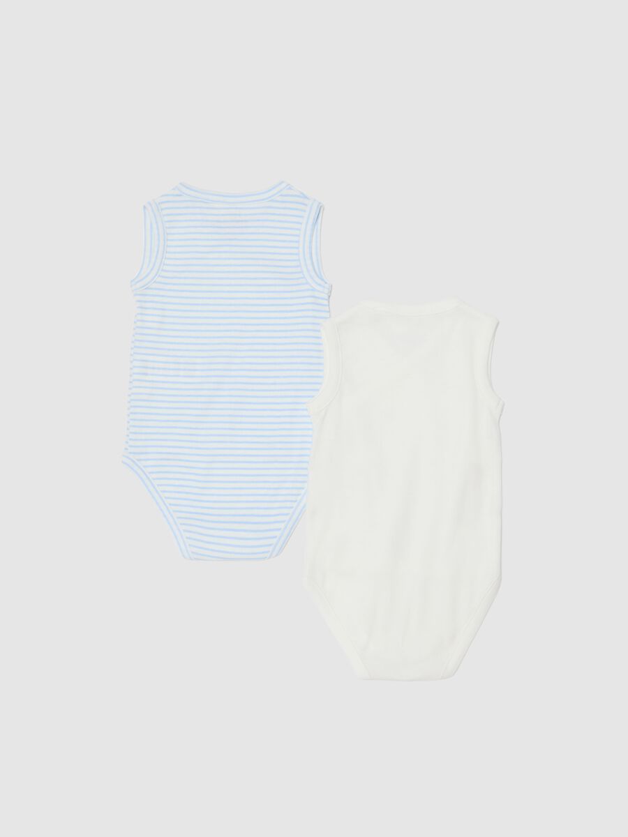Sleeveless multicoloured pure cotton baby bodysuits twin pack_1