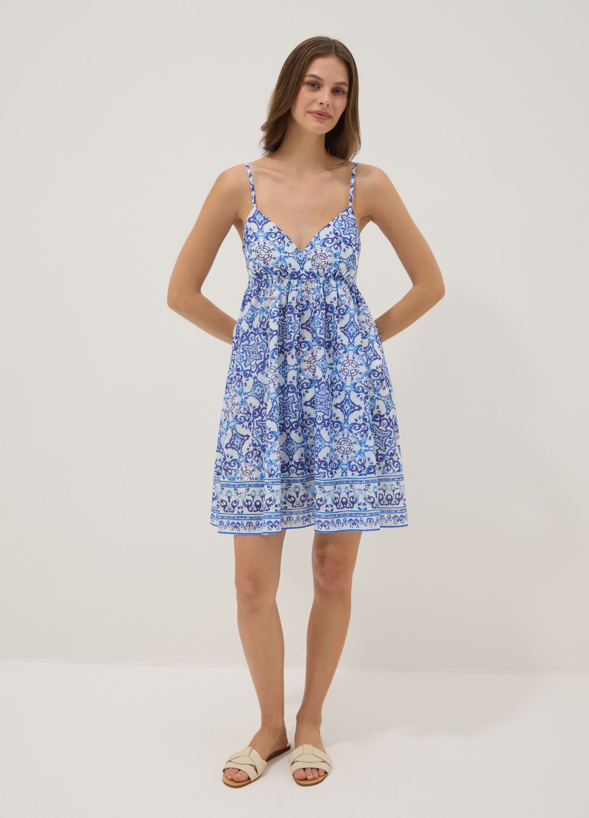 Blue pure cotton slip dress with all-over print