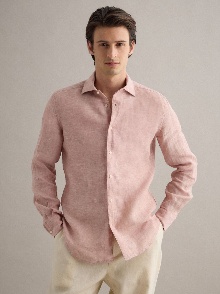 Slim Fit Long Sleeve Pink Pure Linen Shirt_0