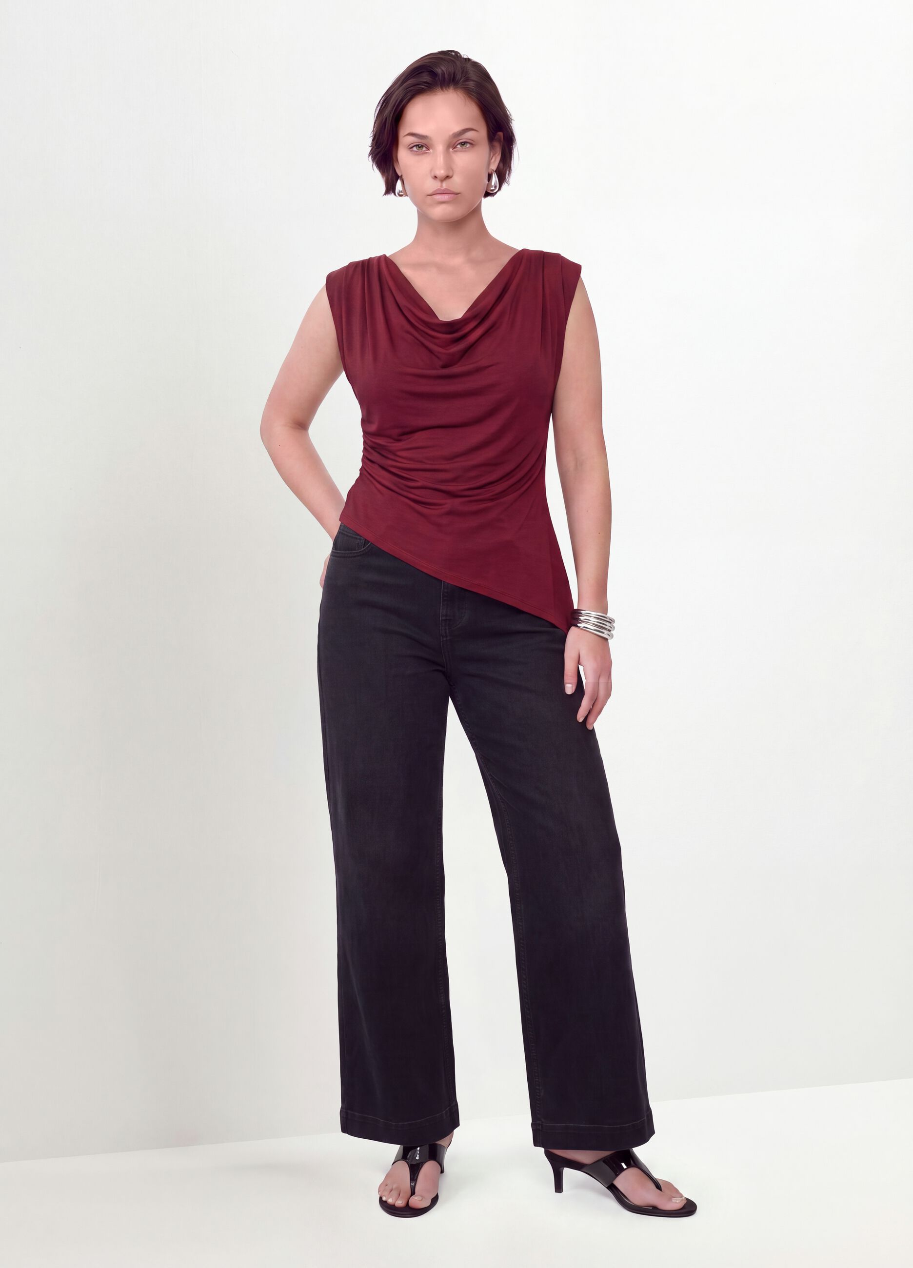 Red stretch viscose T-shirt with draped neckline