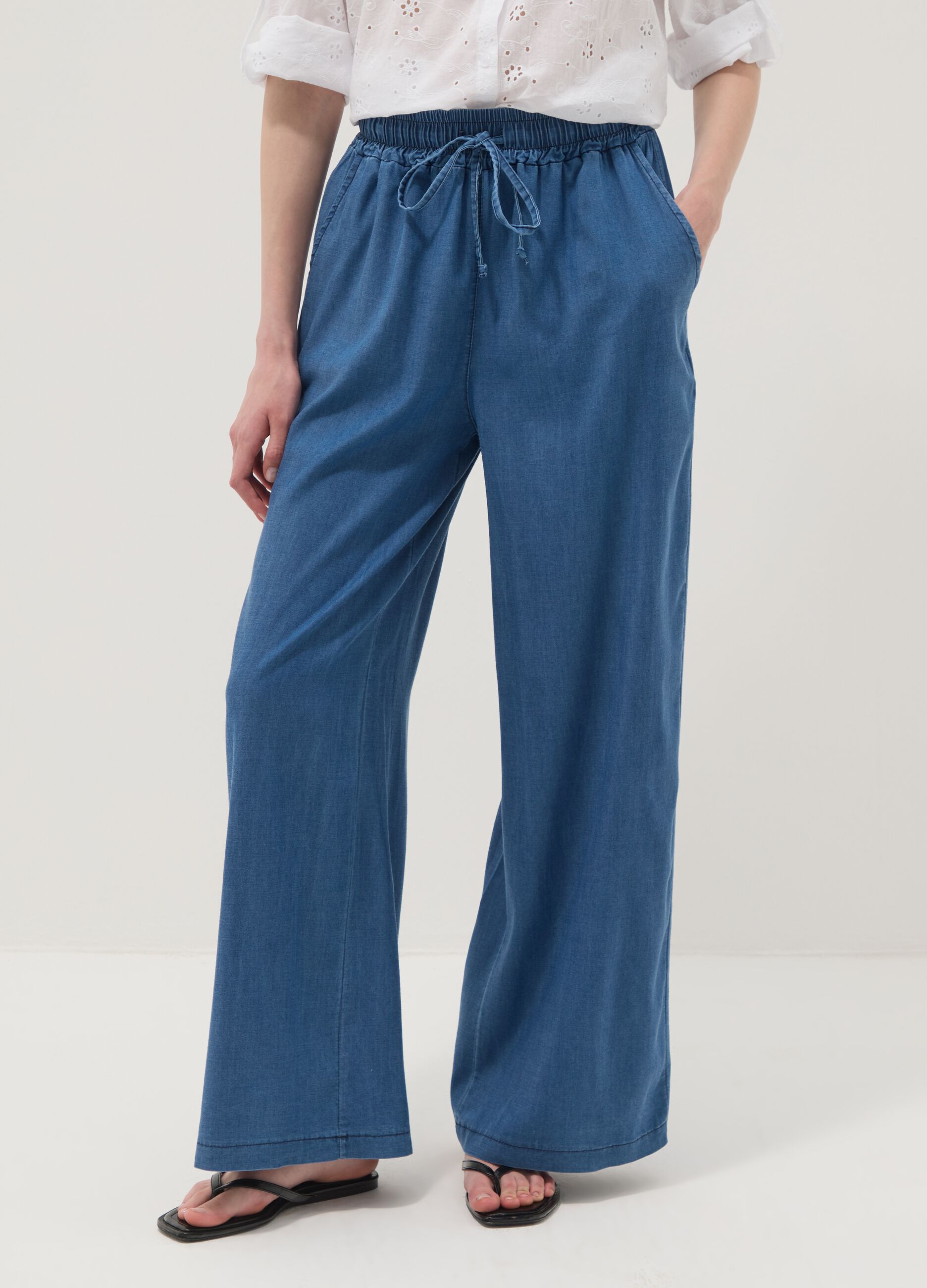 Blue wide-leg pure lyocell trousers, regular fit