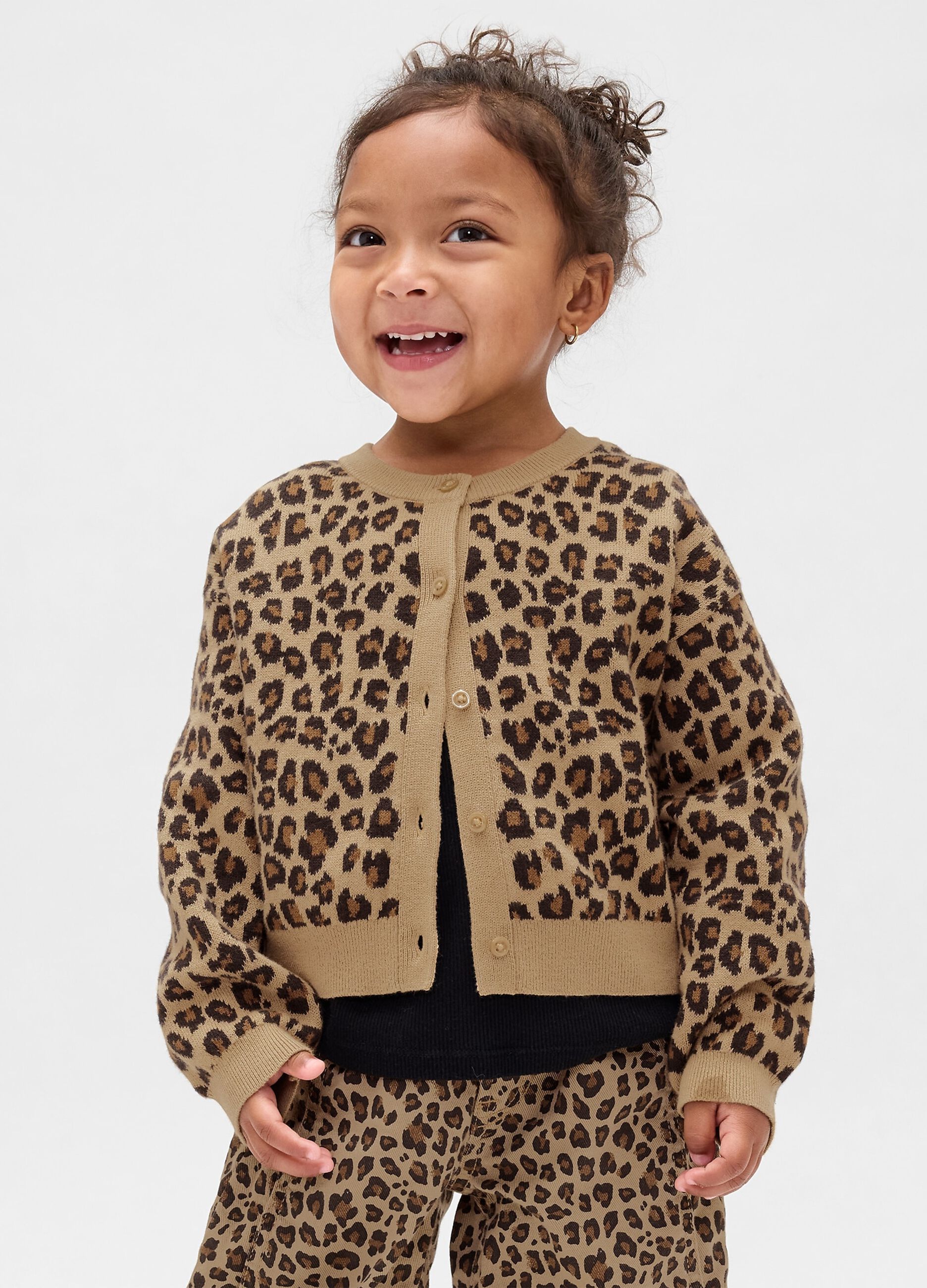 Brown cotton cardigan with leopard print