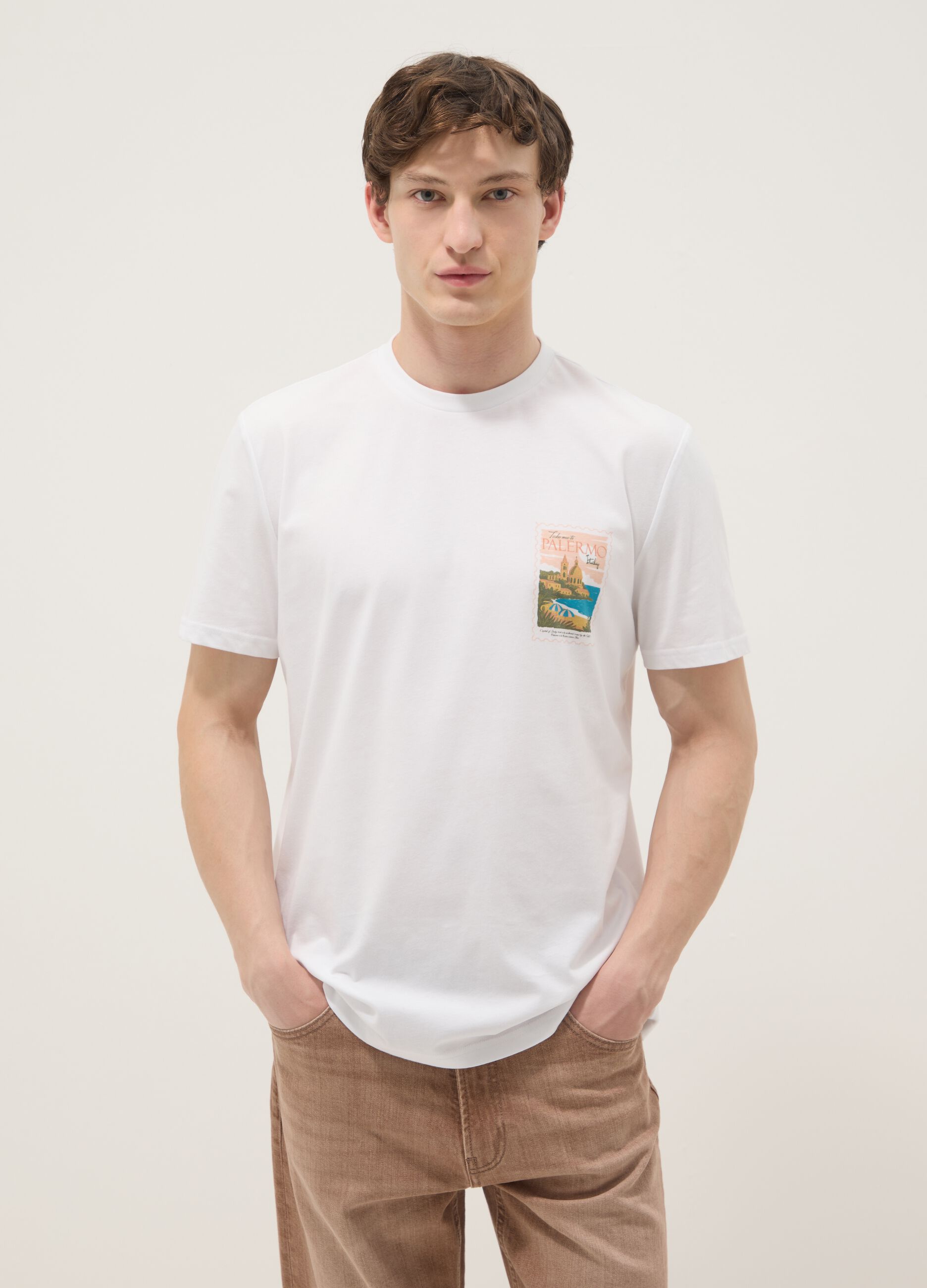 Wei&szlig;es T-Shirt aus reiner Baumwolle mit Print, Regular Fit