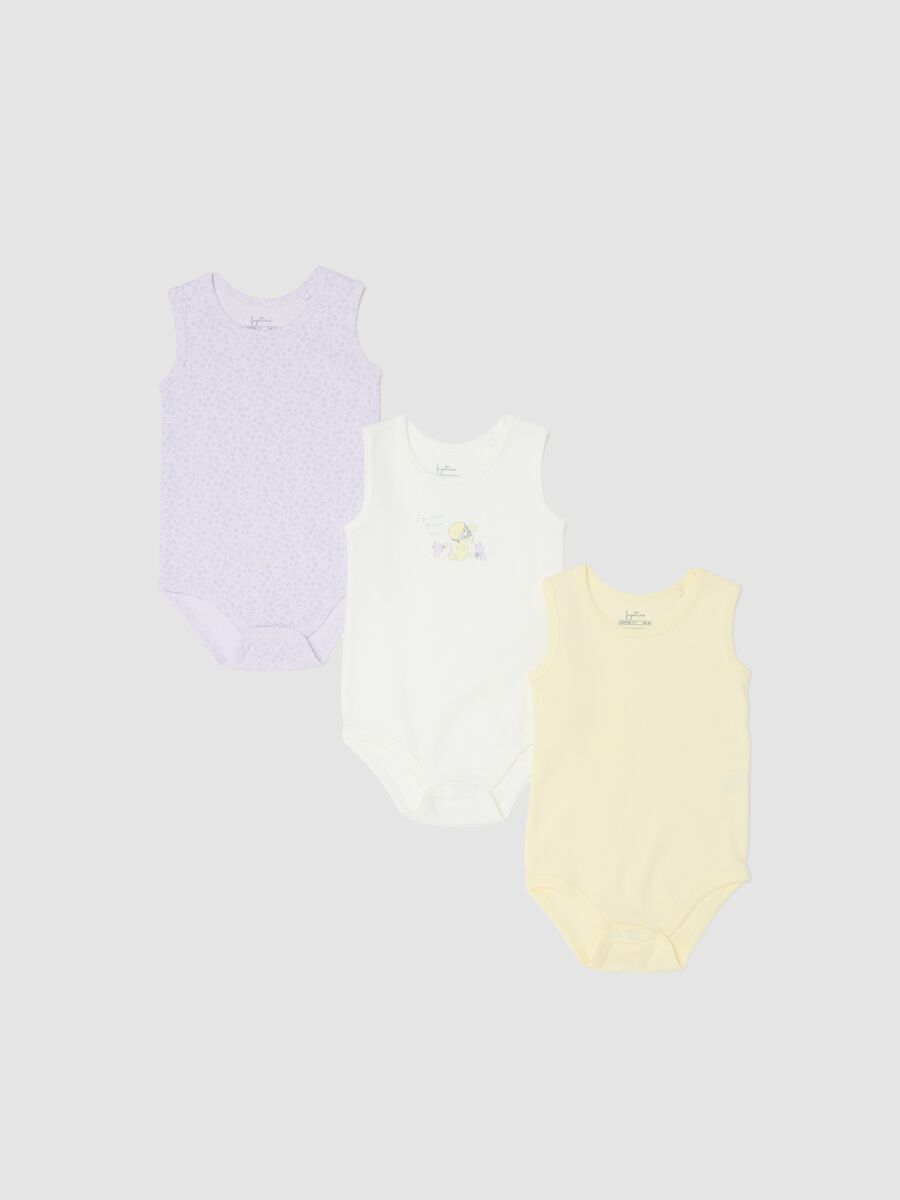 Multicolour sleeveless cotton bodysuit tripack for baby girls_0