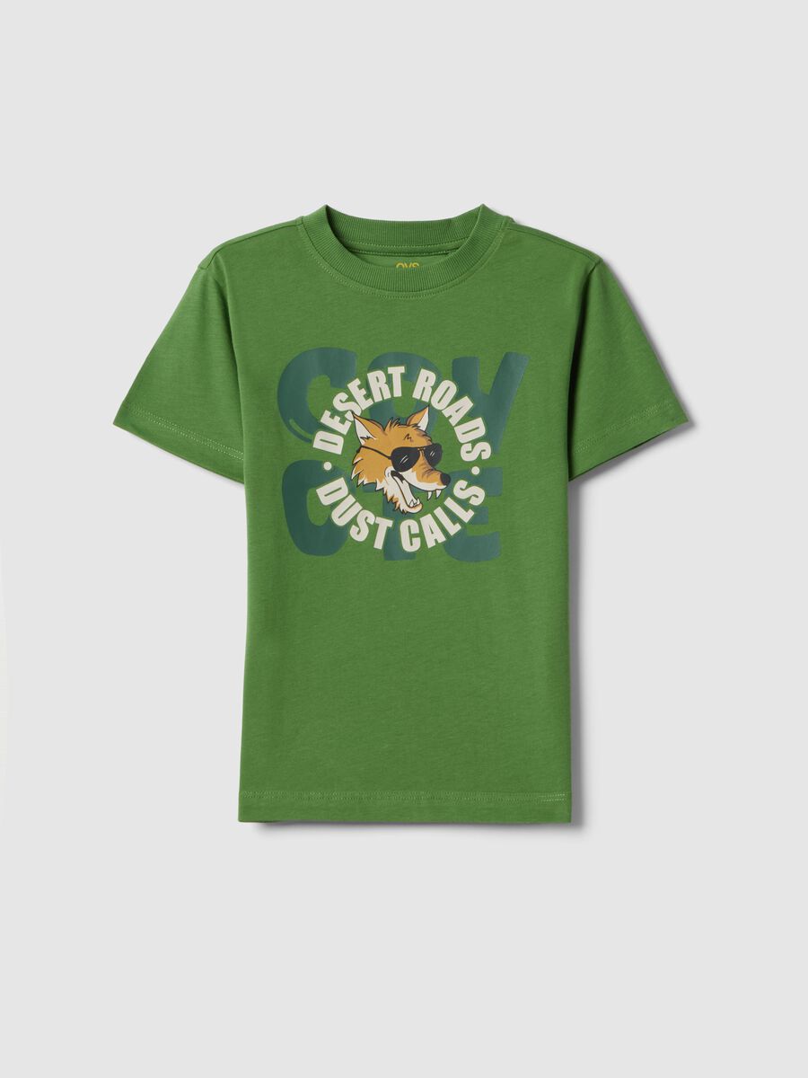 Green pure cotton regular fit T-shirt for children with print_0