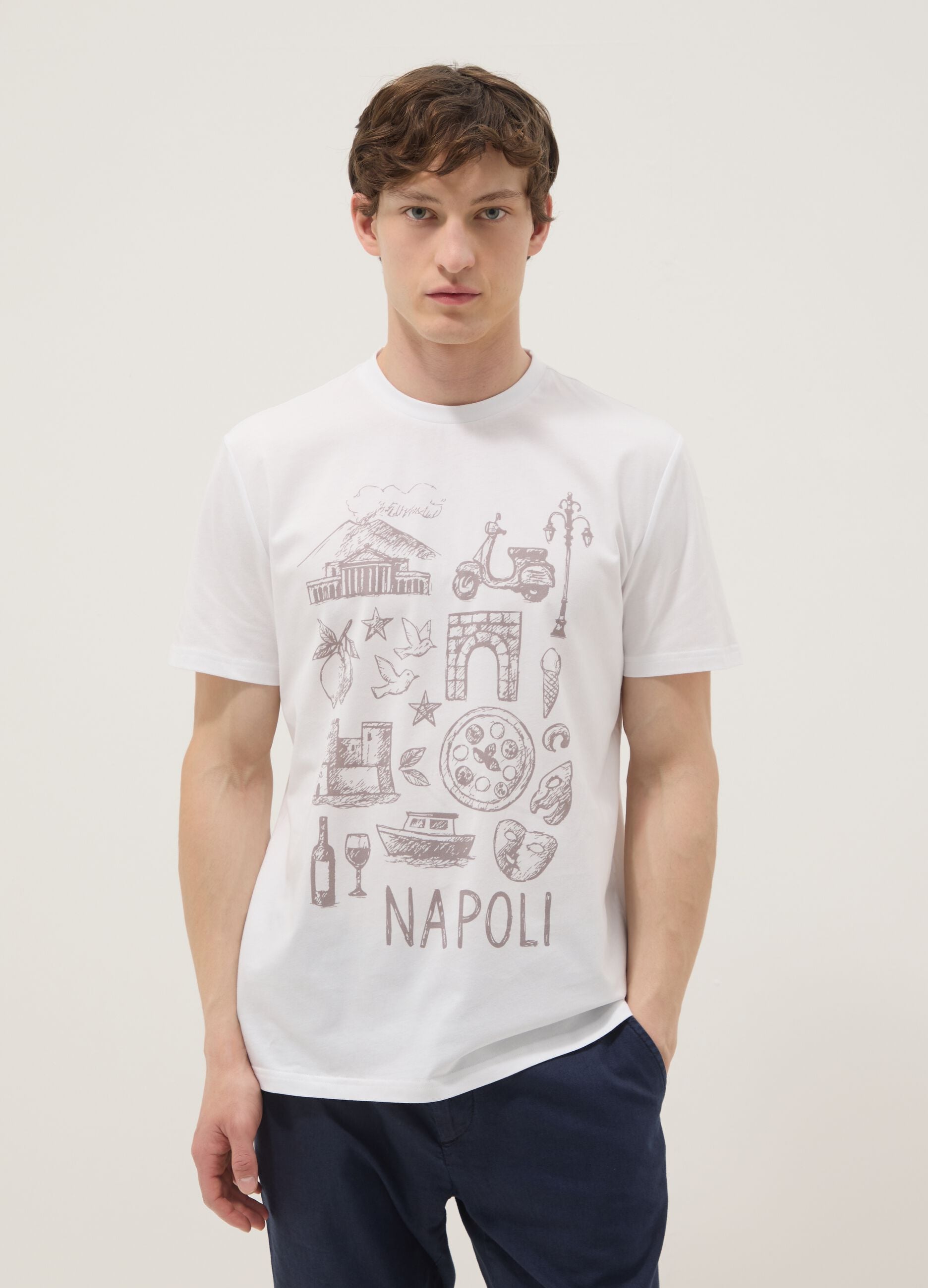 Wei&szlig;es T-Shirt aus reiner Baumwolle mit Frontprint, Regular Fit