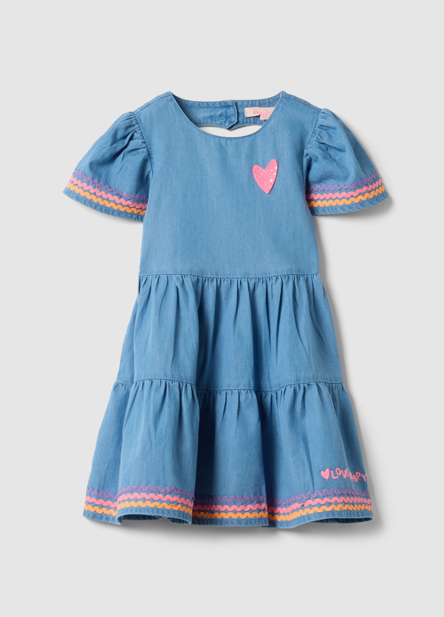 Vestido em puro algod&atilde;o denim azul para menina, ajuste regular com folhos