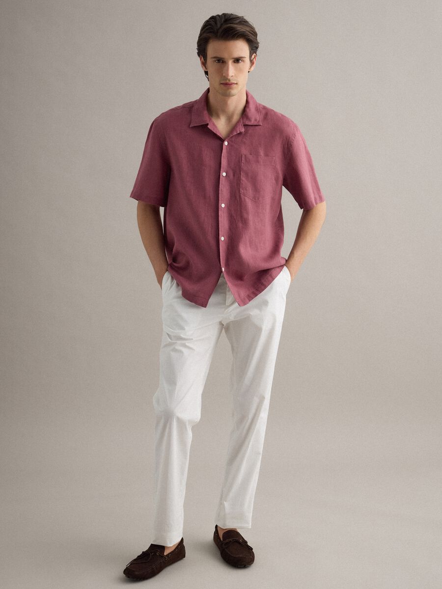 Regular fit pink short sleeve pure linen shirt with pocket_1