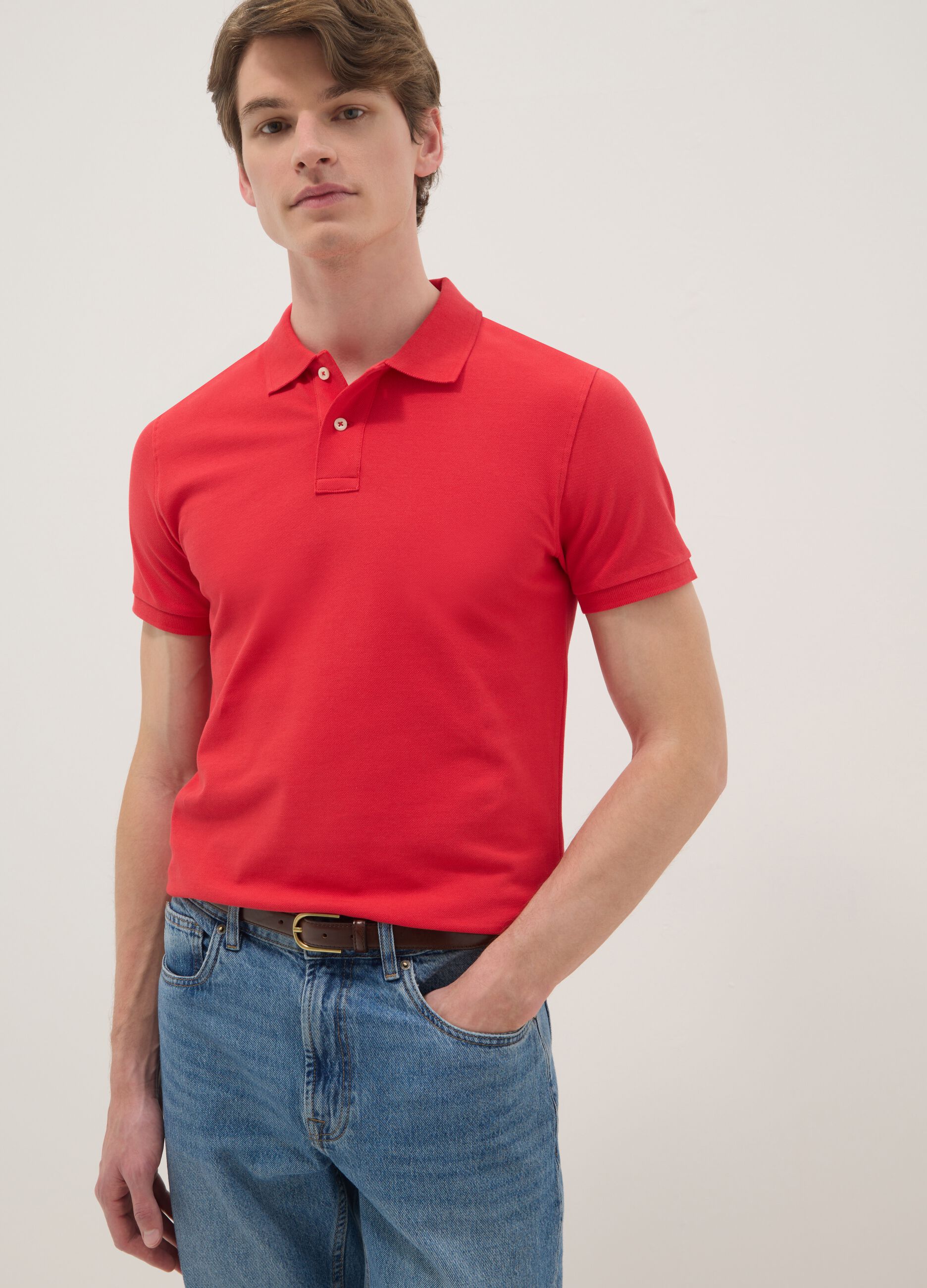 Slim fit pure cotton red short sleeve polo shirt