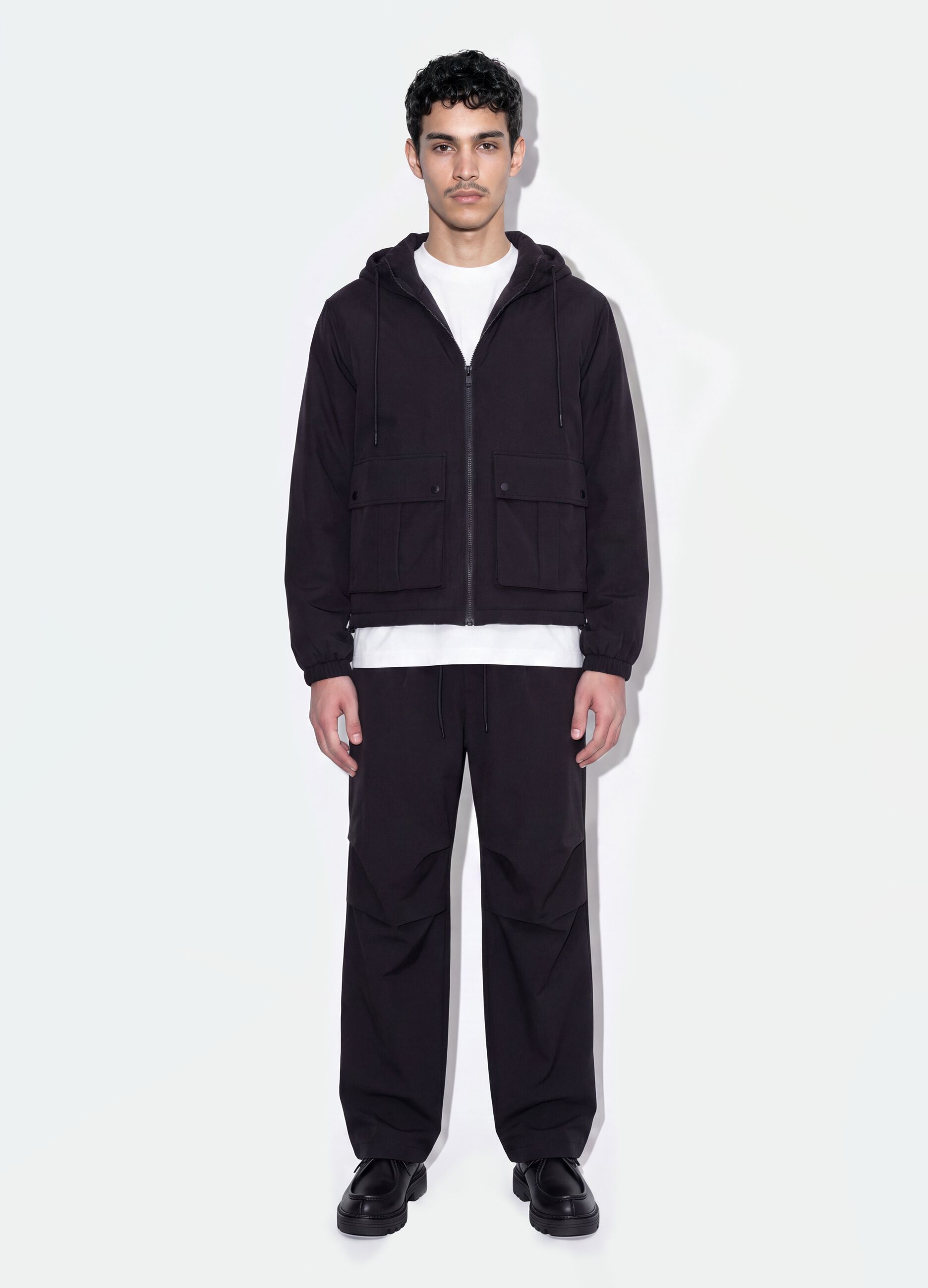 Black padded hooded jacket with zip, oversized fit