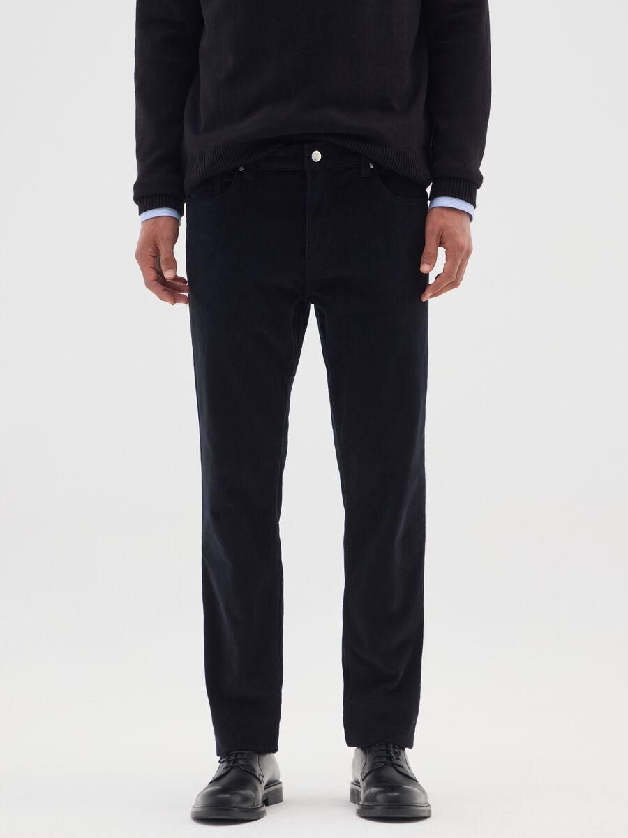 Black stretch cotton ribbed slim fit trousers_1