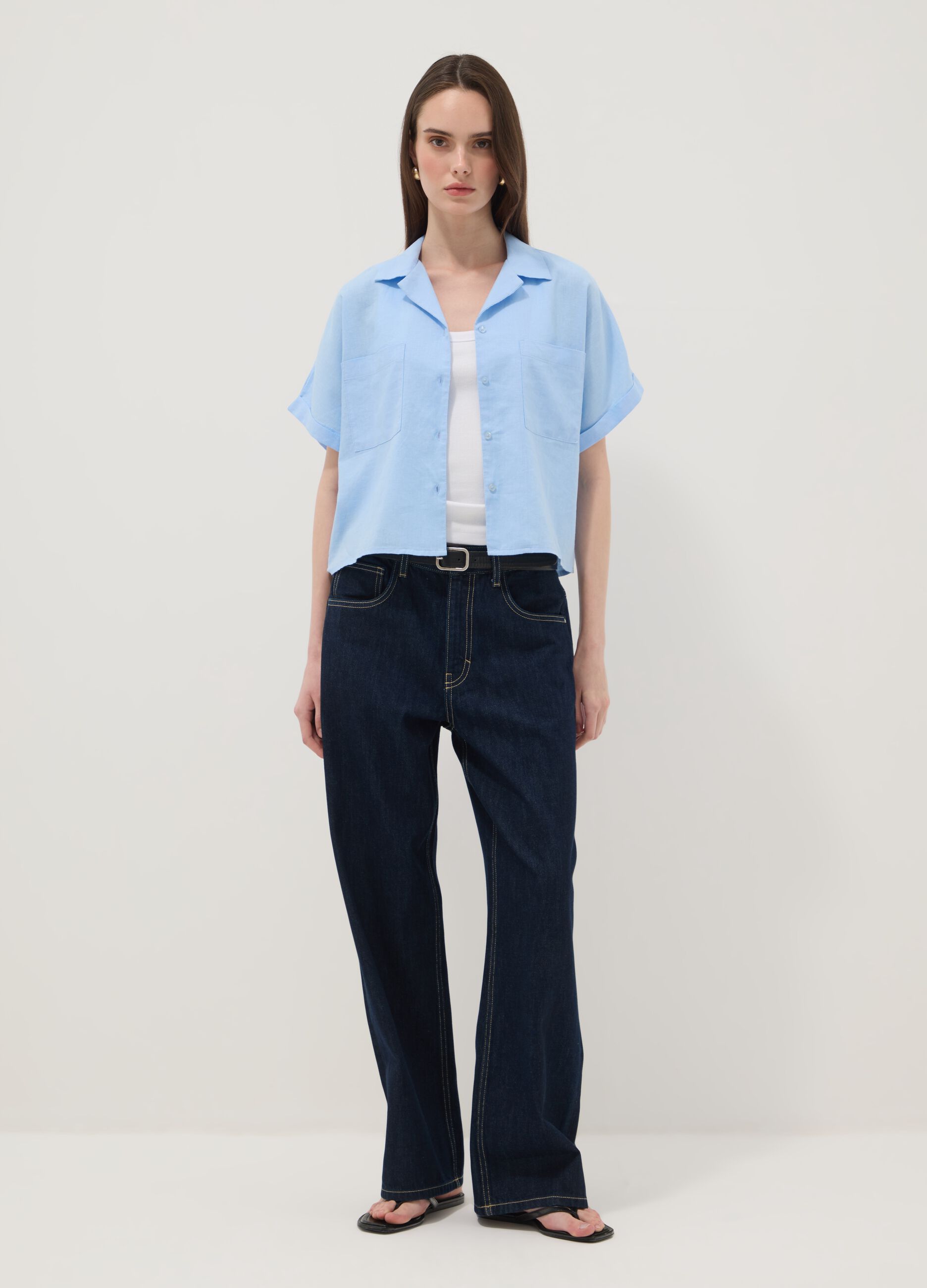 Hellblaues Hemd aus Leinen- und Viskosemix, Regular Fit