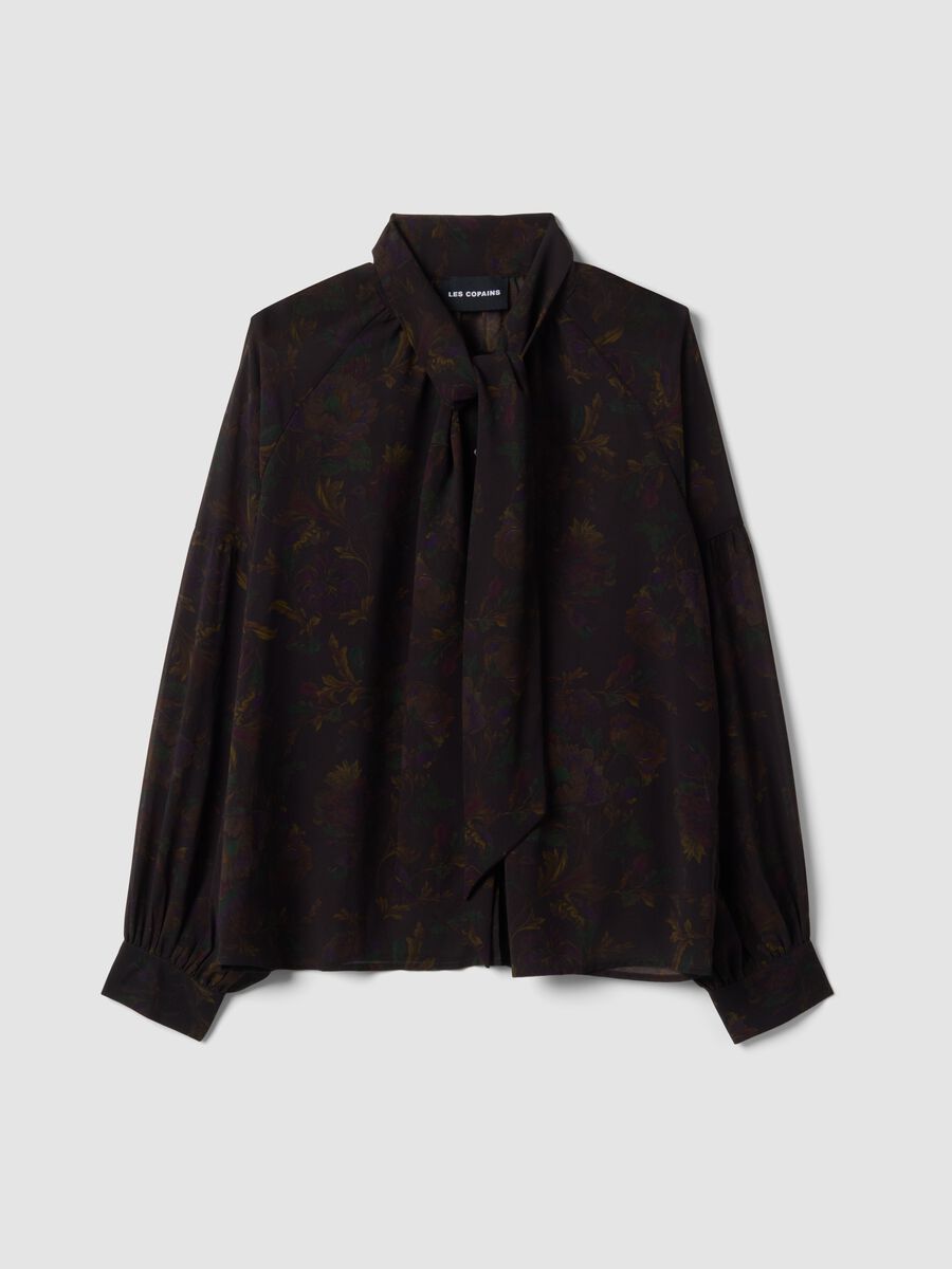 Camicia nera con fantasia floreale e fiocco al collo_4
