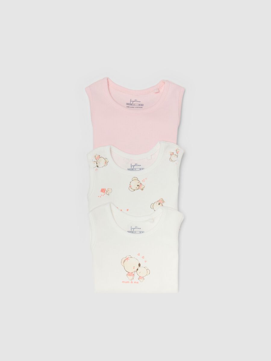 Pack of three sleeveless multicolour bodysuits in pure cotton for baby girls_2