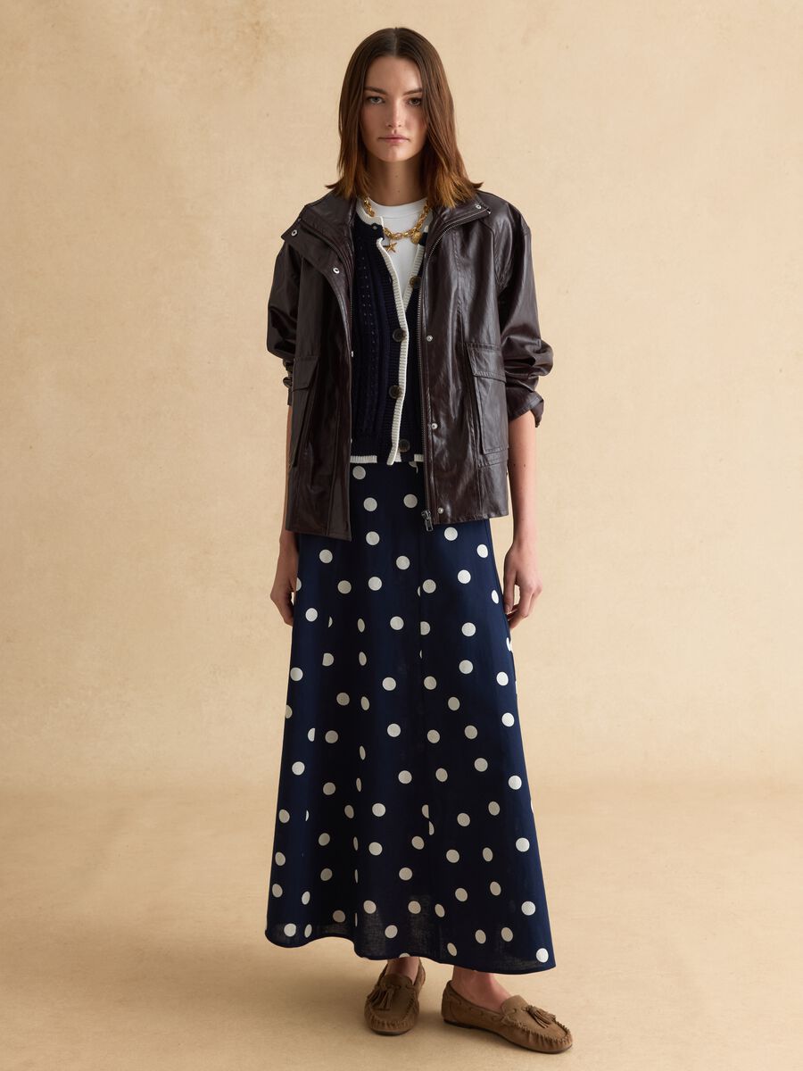 Long blue skirt with white polka dots in cotton and linen blend_0