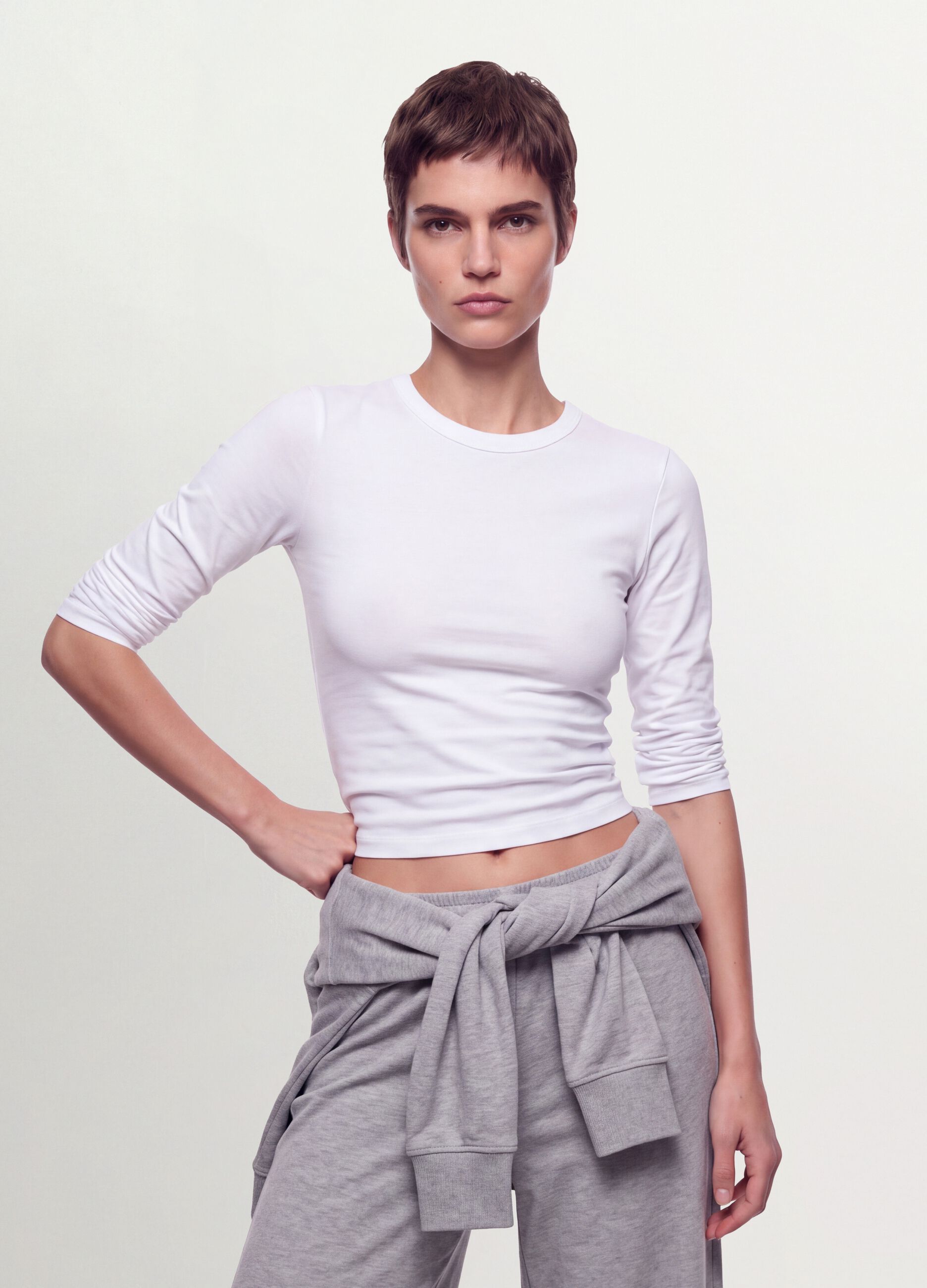 Wei&szlig;es Langarm-T-Shirt aus reinem Baumwolljersey, Regular Fit