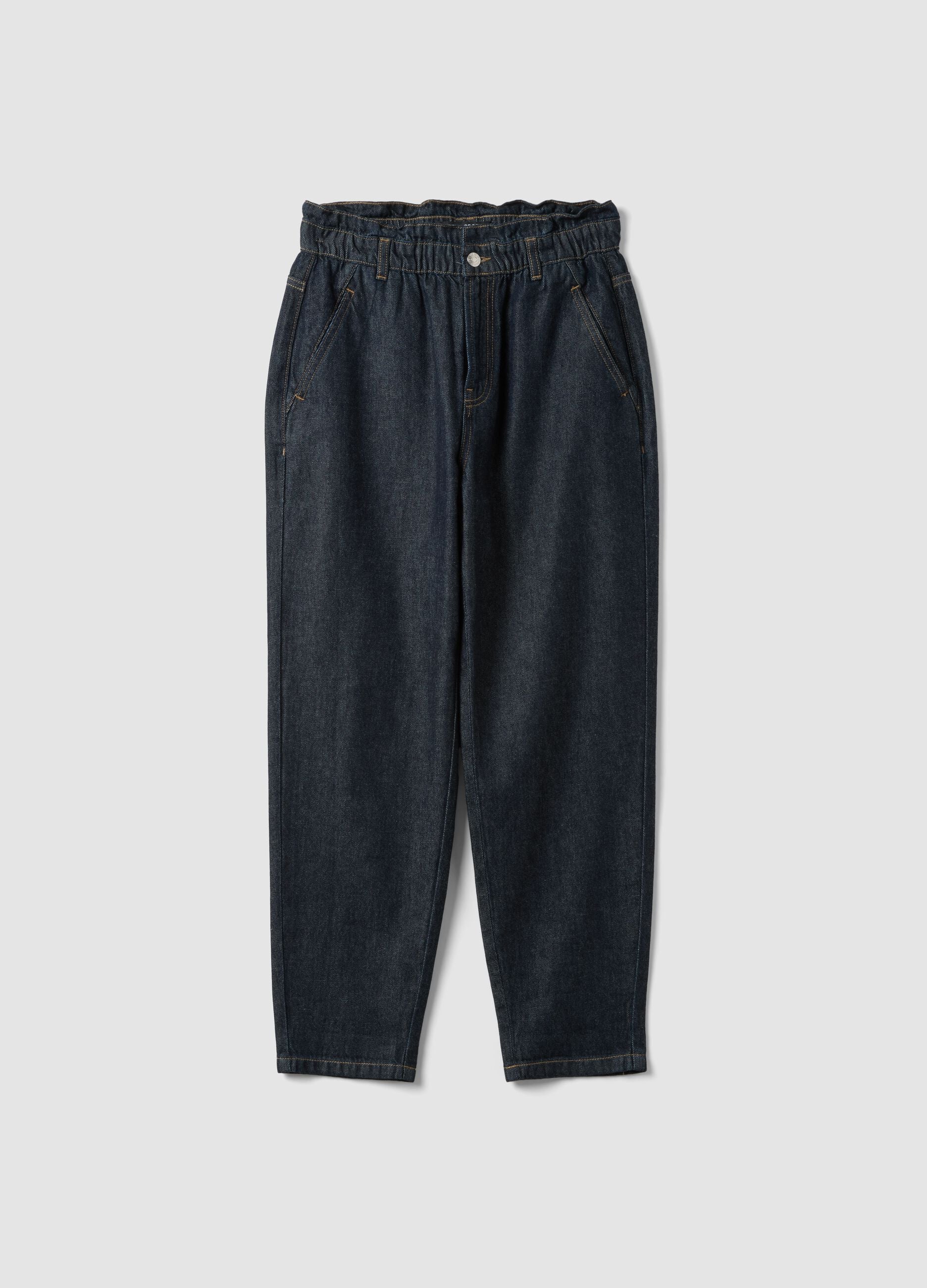 Blue denim baggy-fit pure cotton jeans with paper-bag waist