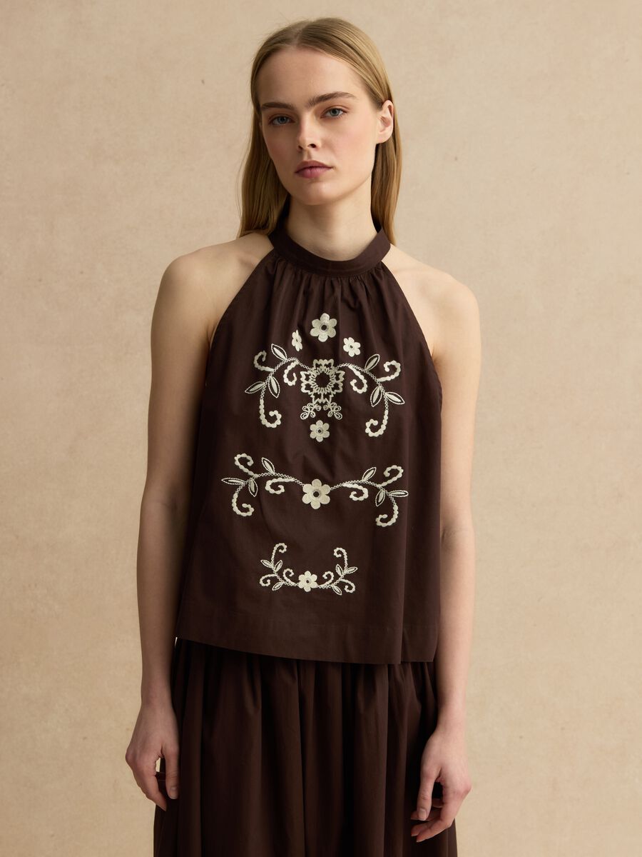 Braune Bluse aus reiner Baumwolle, Regular Fit, mit Blumenstickerei_1