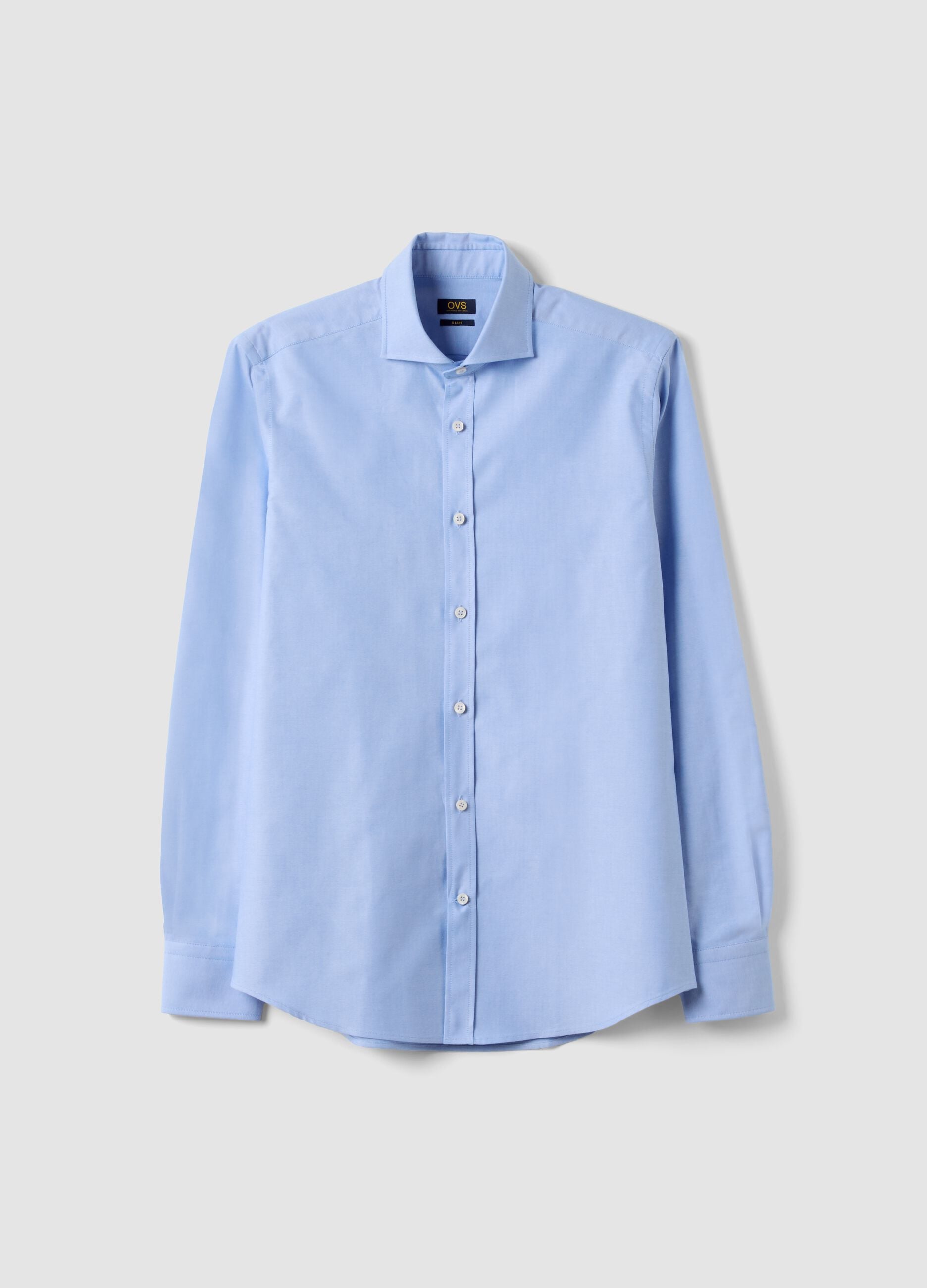 Hellblaues Oxford-Hemd aus reiner Baumwolle mit Haifischkragen, Slim Fit
