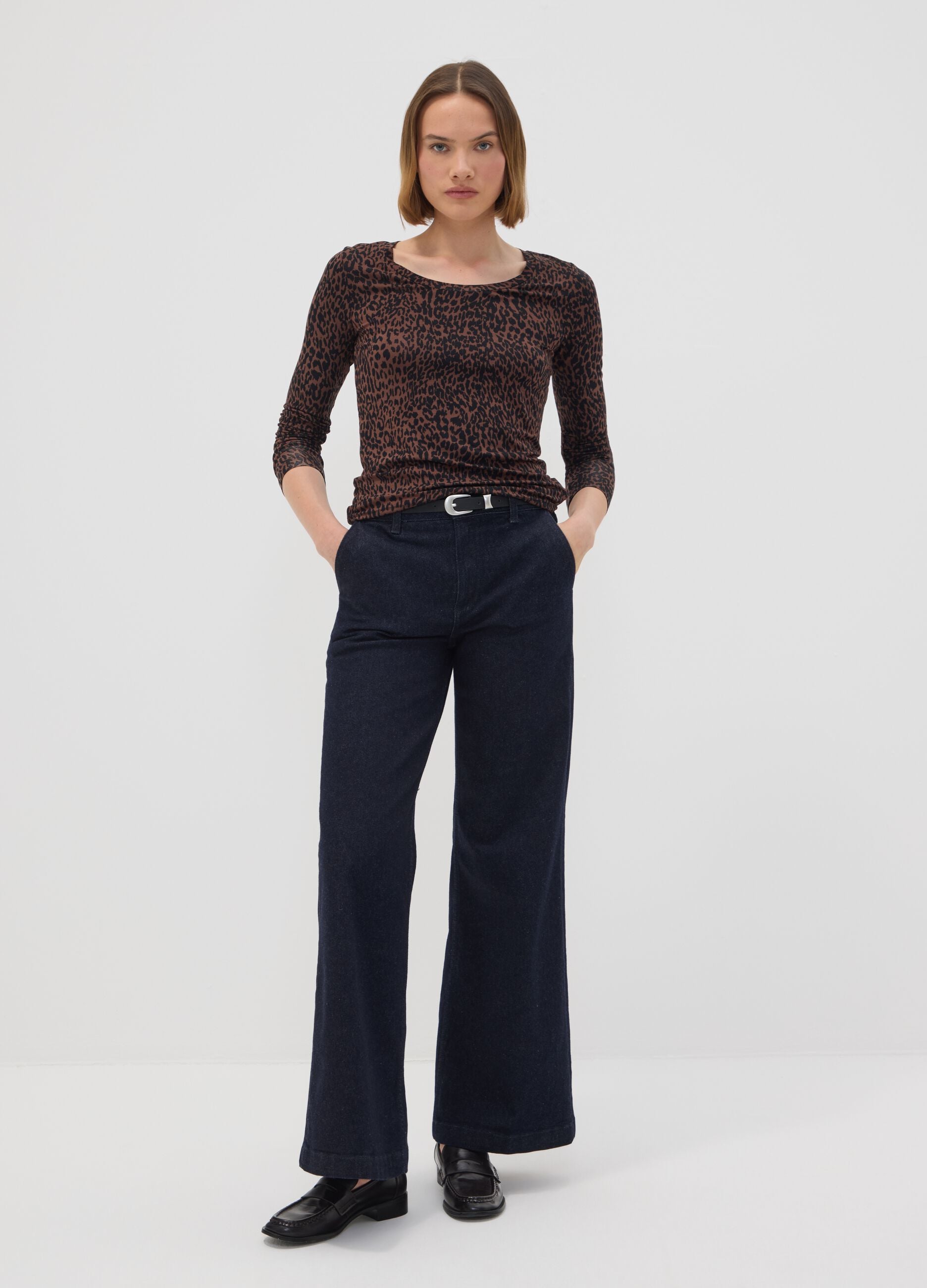 Brown stretch viscose animal-print slim-fit T-shirt