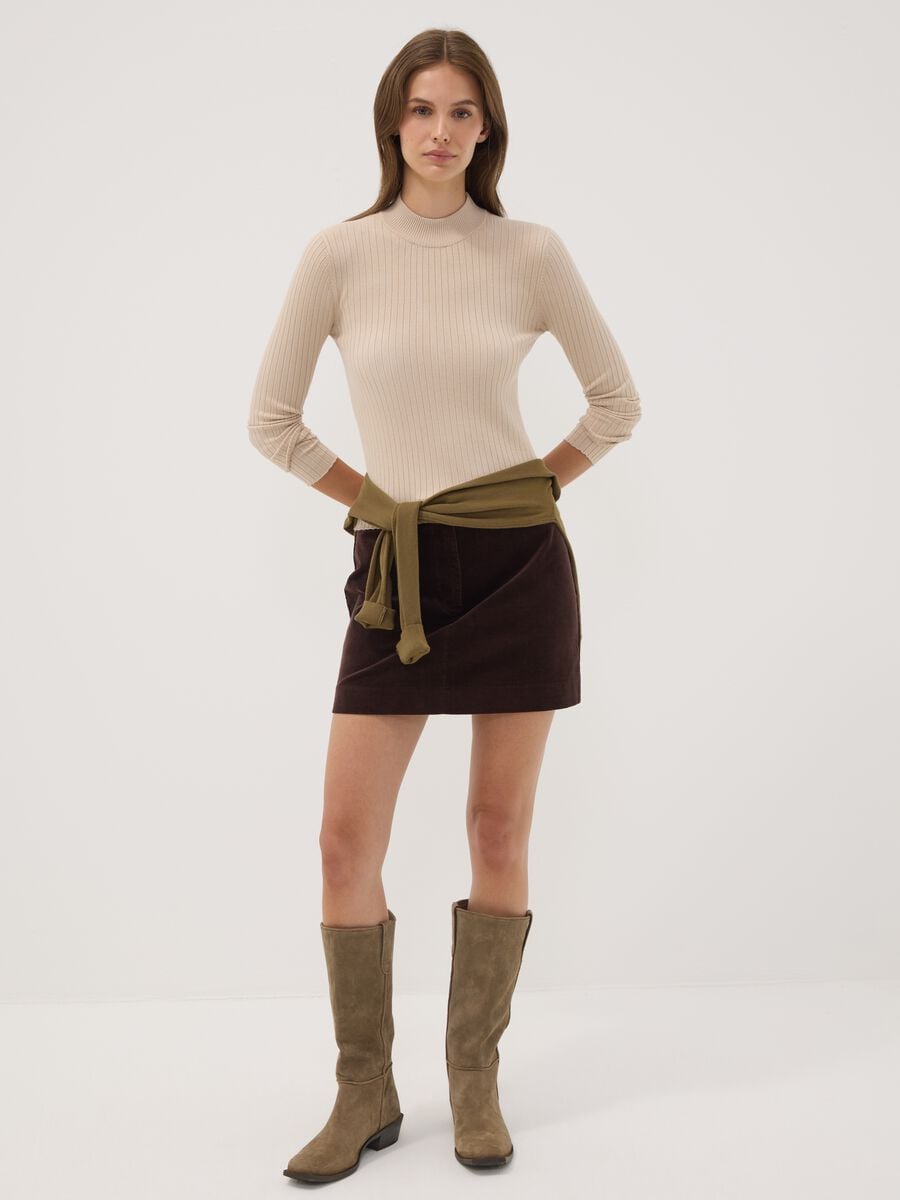 Beige ribbed viscose-blend top with high neck_2