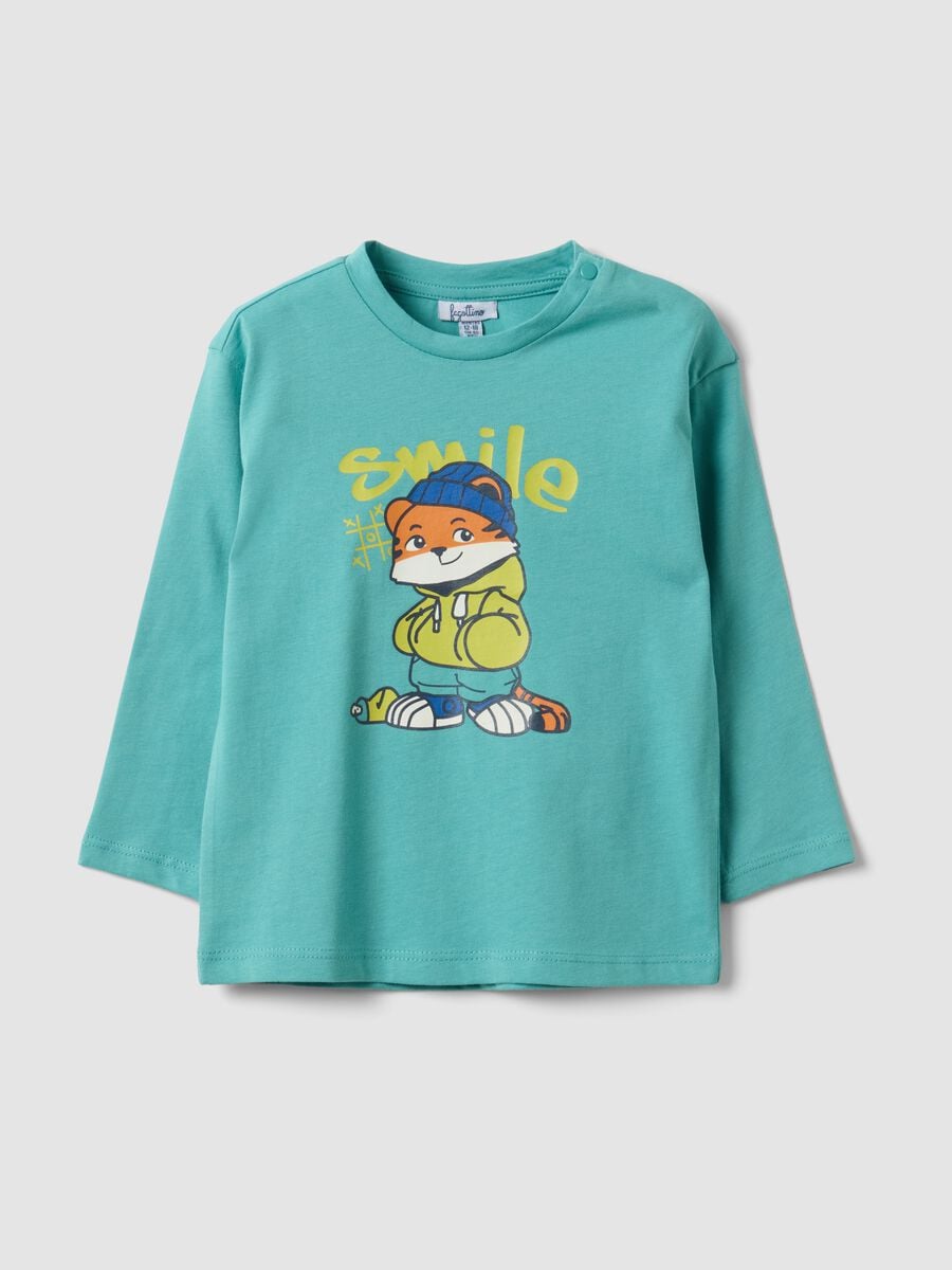 Light blue oversized pure organic cotton T-shirt with tiger print for boys_0
