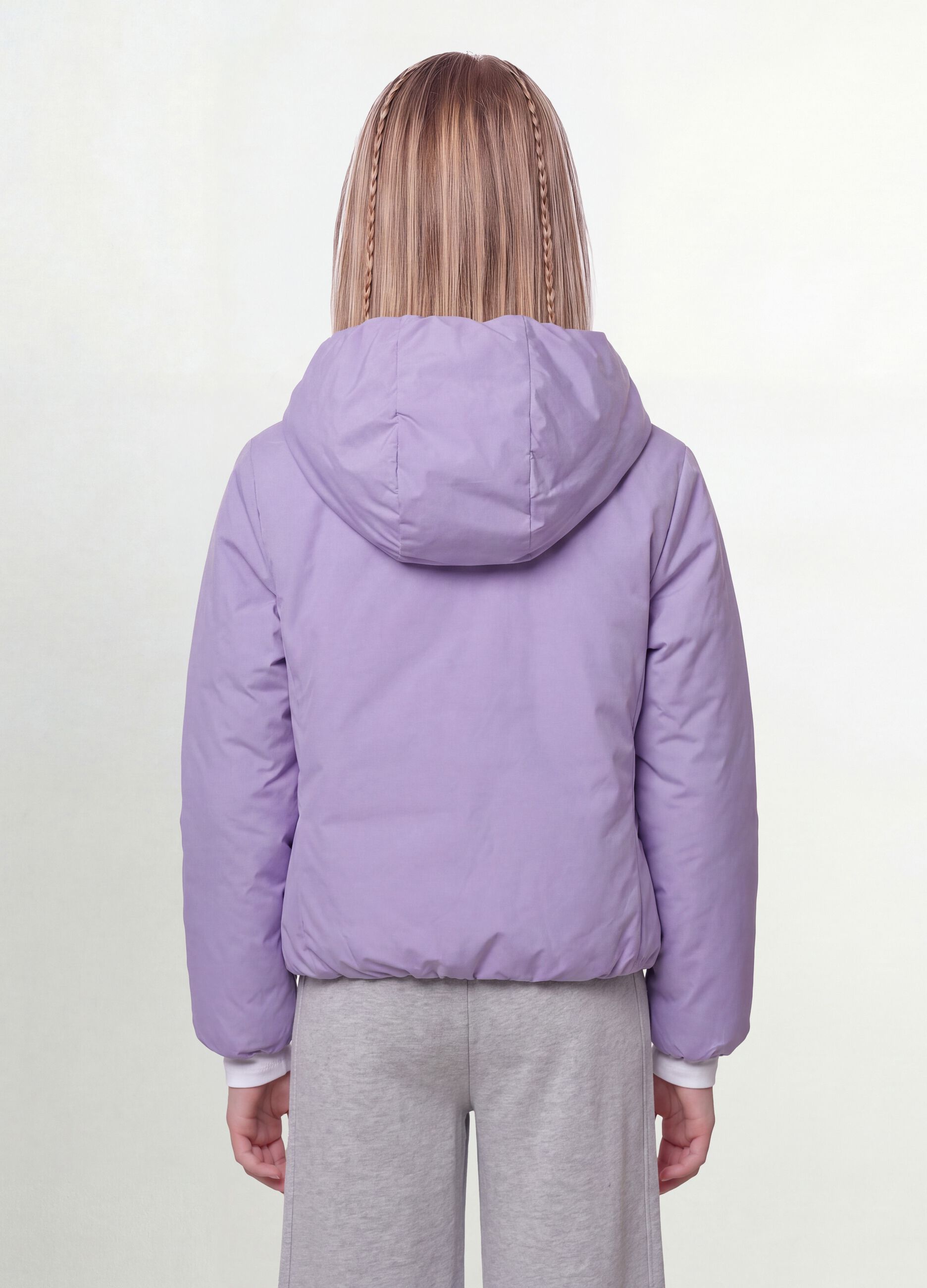 Casaco ultralight roxo revers&iacute;vel com capuz e fecho de correr para menina