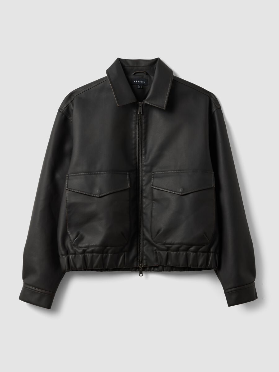 Black cropped jacket with zip and flap pockets, oversized fit_0