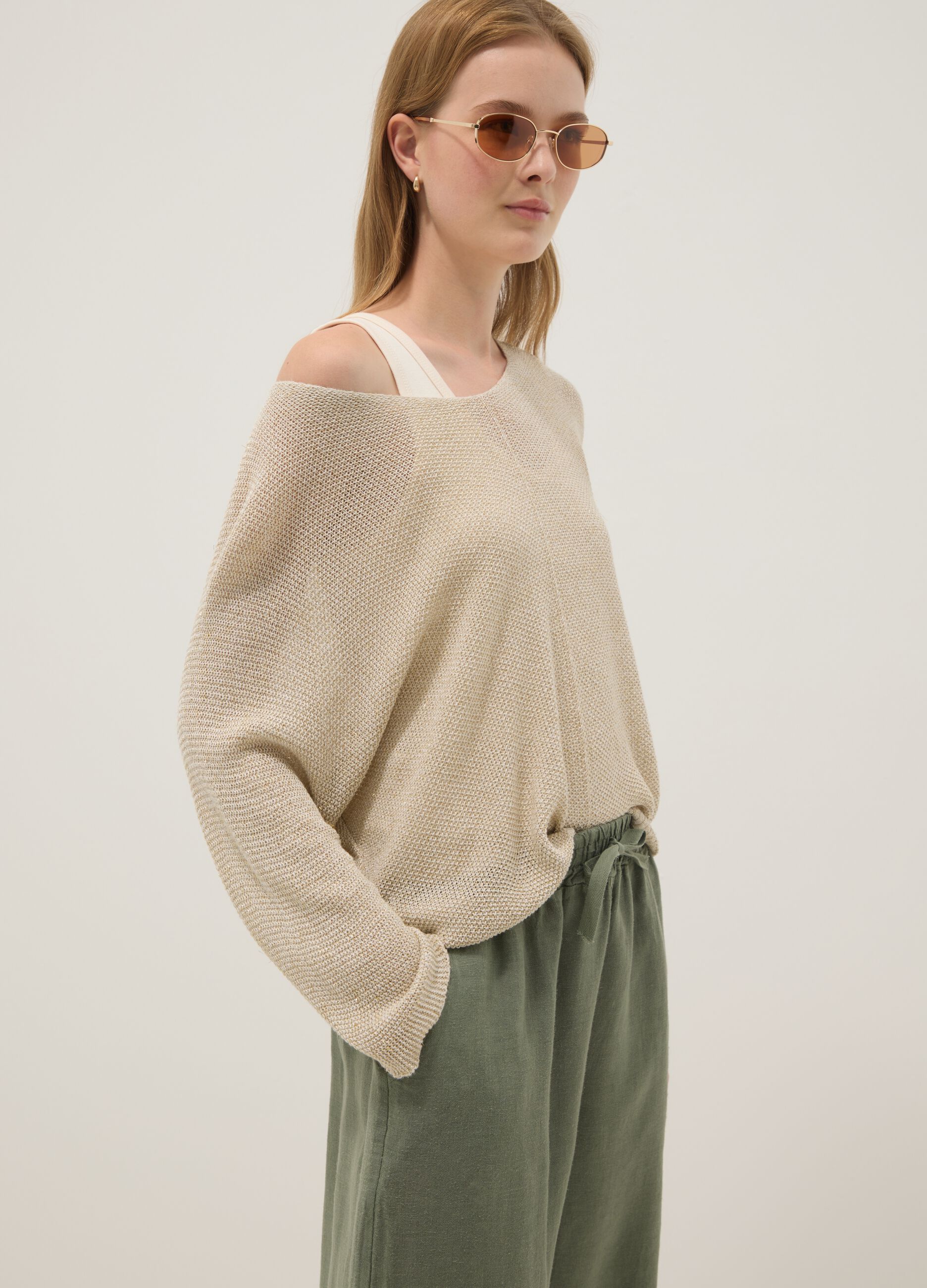Green pure linen trousers with drawstring