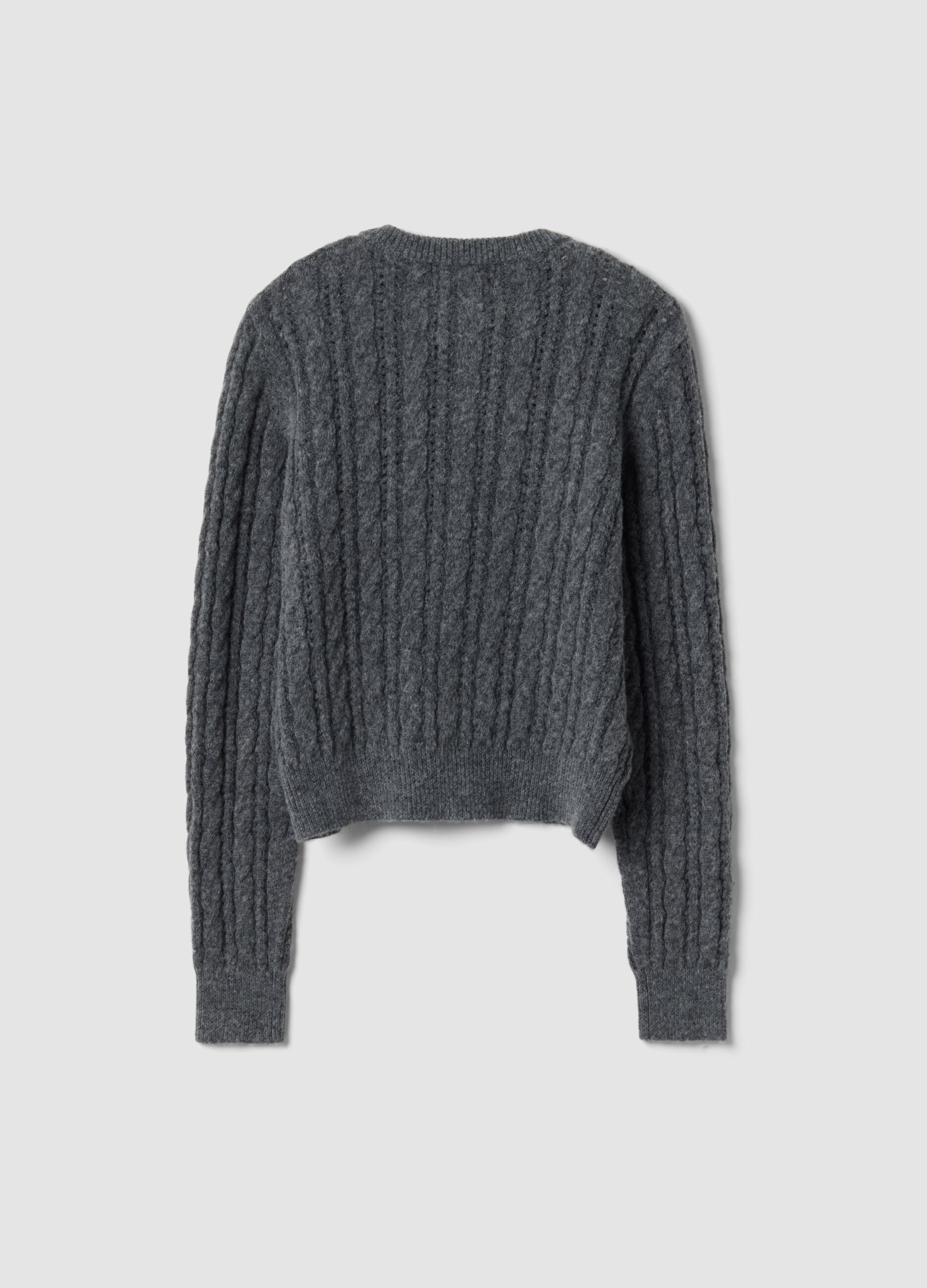 Cardigan cinzento em mistura de l&atilde; com tran&ccedil;as
