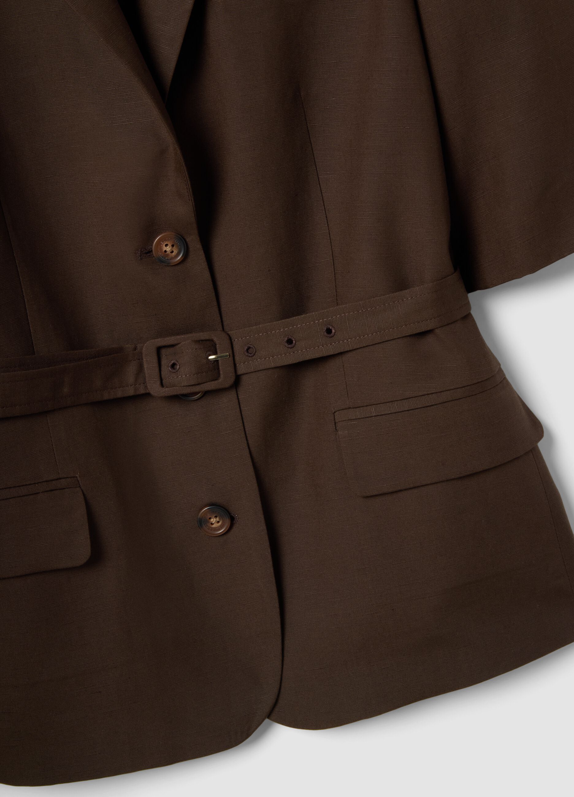 Brauner Blazer im Regular-Fit aus Lyocell- und Leinenmischung mit G&uuml;rtel