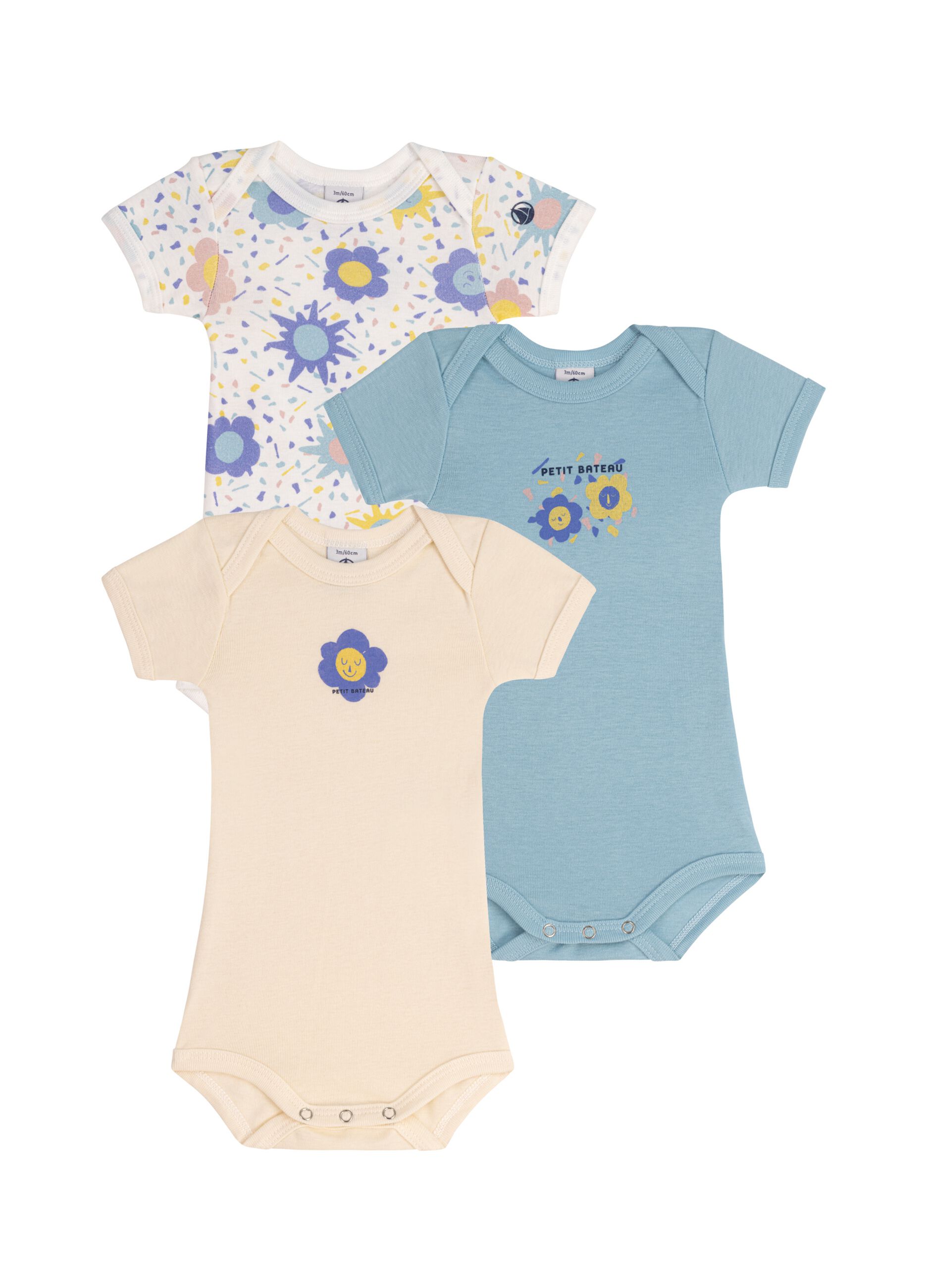 Three-pack bodysuits with short sleeves and flowers print