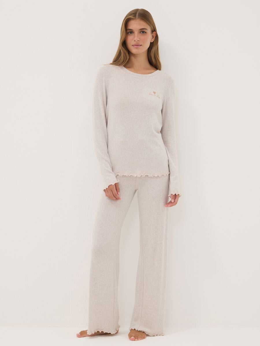 Beige stretch viscose pyjamas with crew neck_0