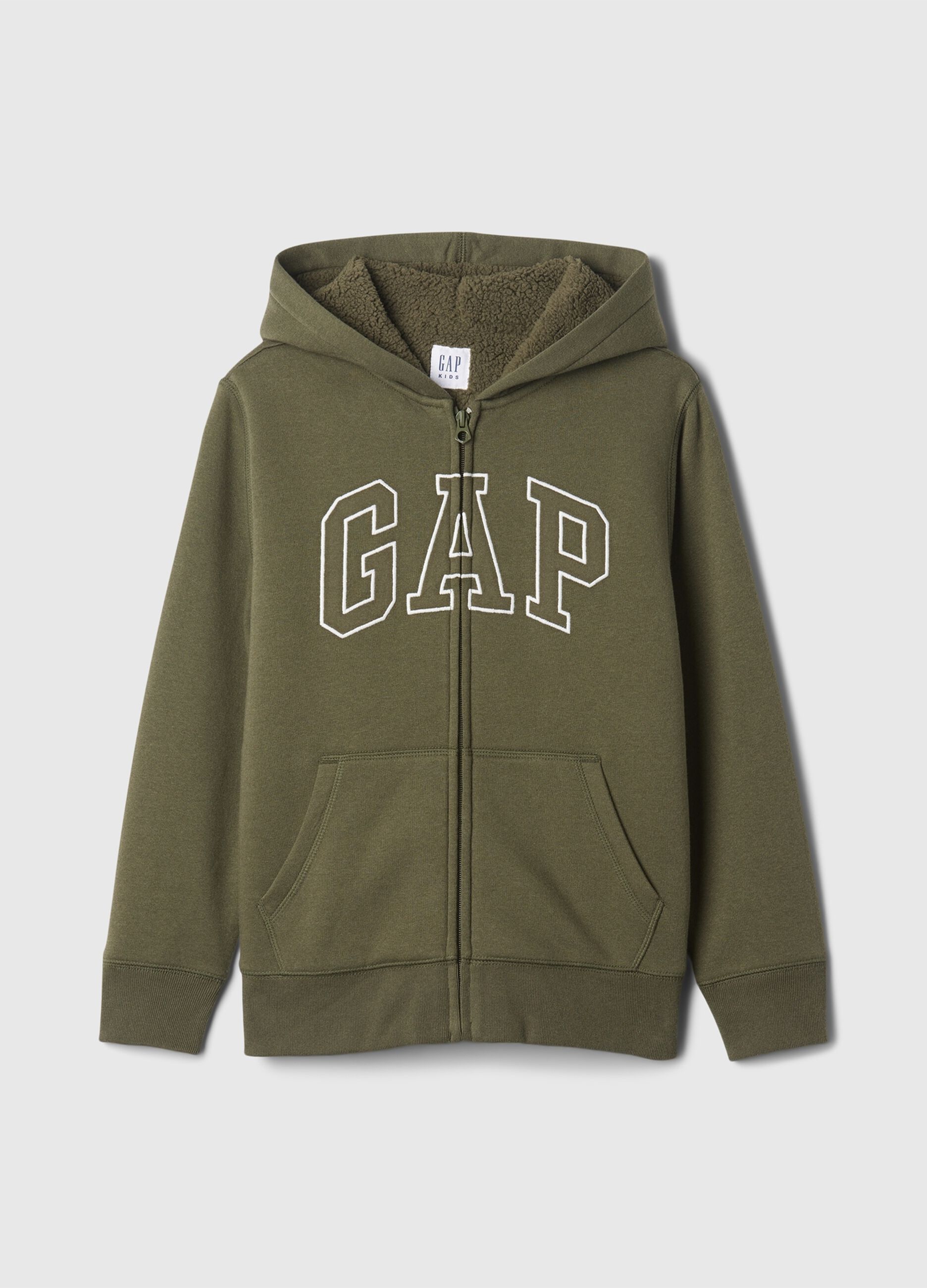 Full-zip sweatshirt and hood with sherpa lining