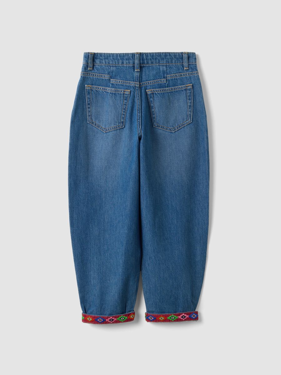 Girls&rsquo; blue baggy pure cotton jeans with embroidered turn-up hem_1