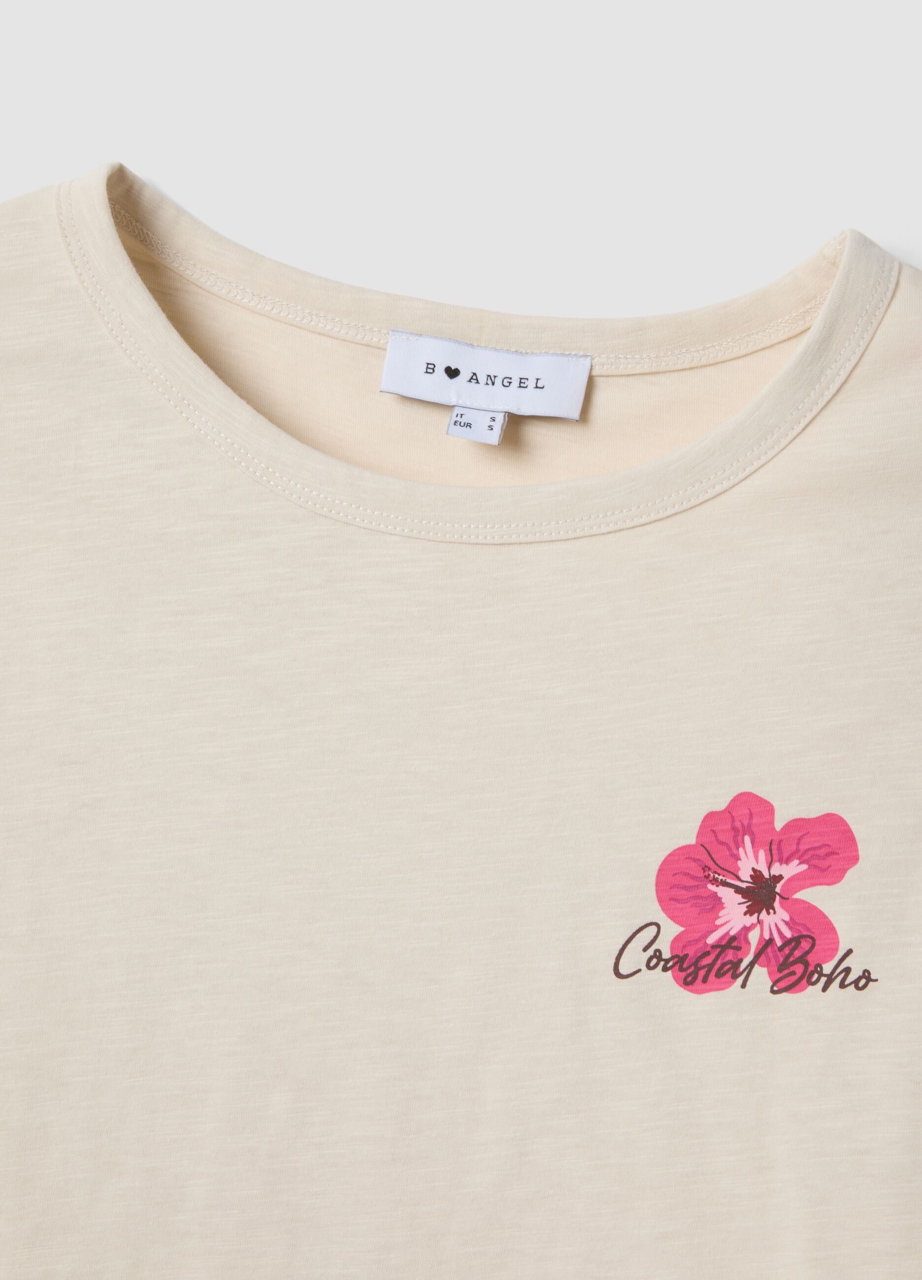 Beiges T-Shirt aus reiner Baumwolle im Relaxed Fit mit Blumenprint