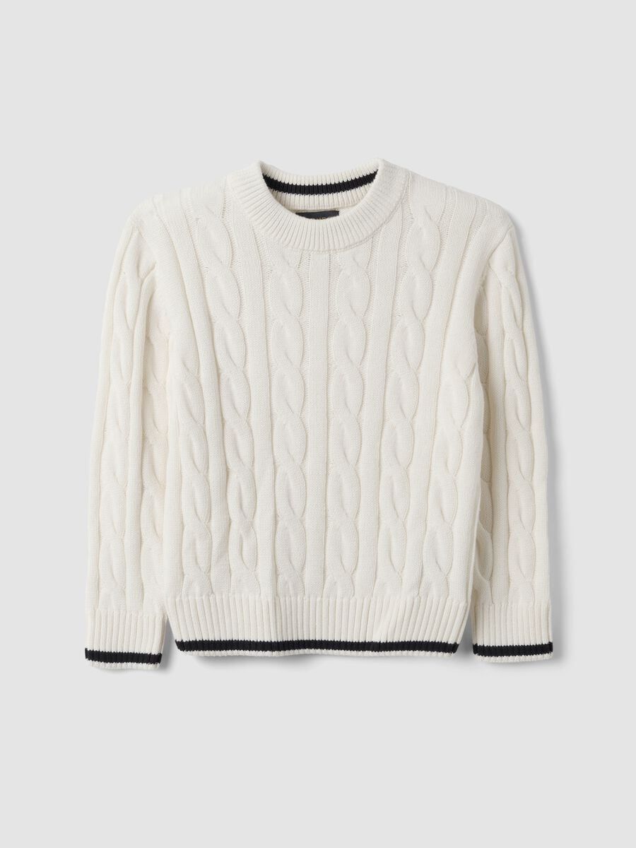 White pure cotton cable-knit oversized jumper for boys_0
