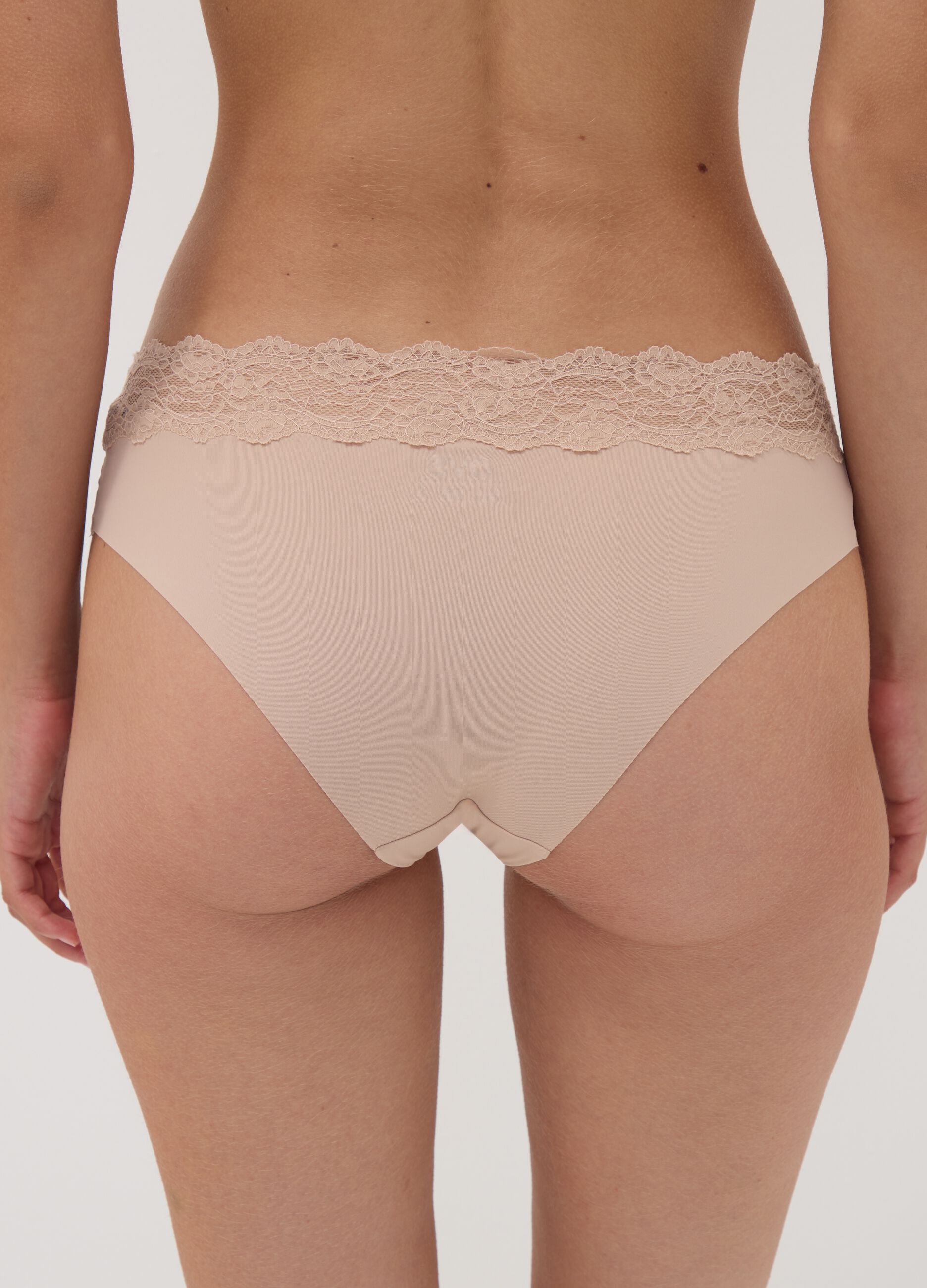 Beige stretch microfibre briefs with lace