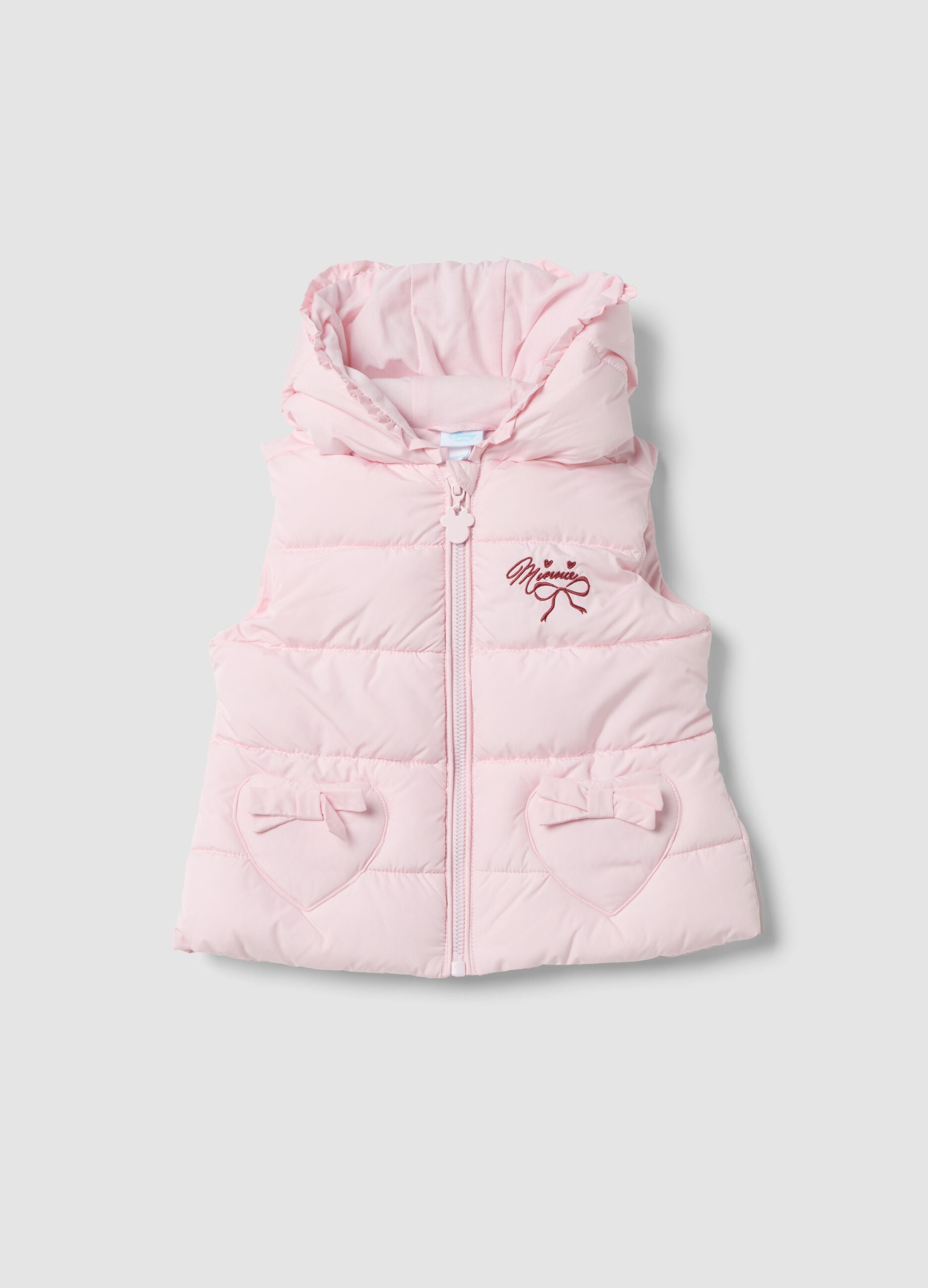 Gilet imbottito rosa con cappuccio e tasche a cuore e ricamo Minnie